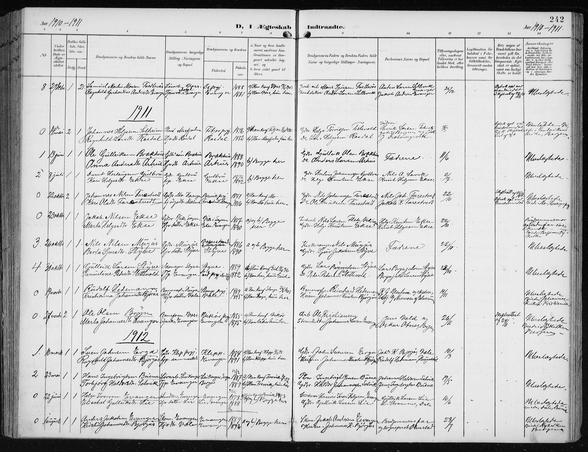Evanger sokneprestembete, SAB/A-99924: Parish register (official) no. A  3, 1900-1930, p. 242