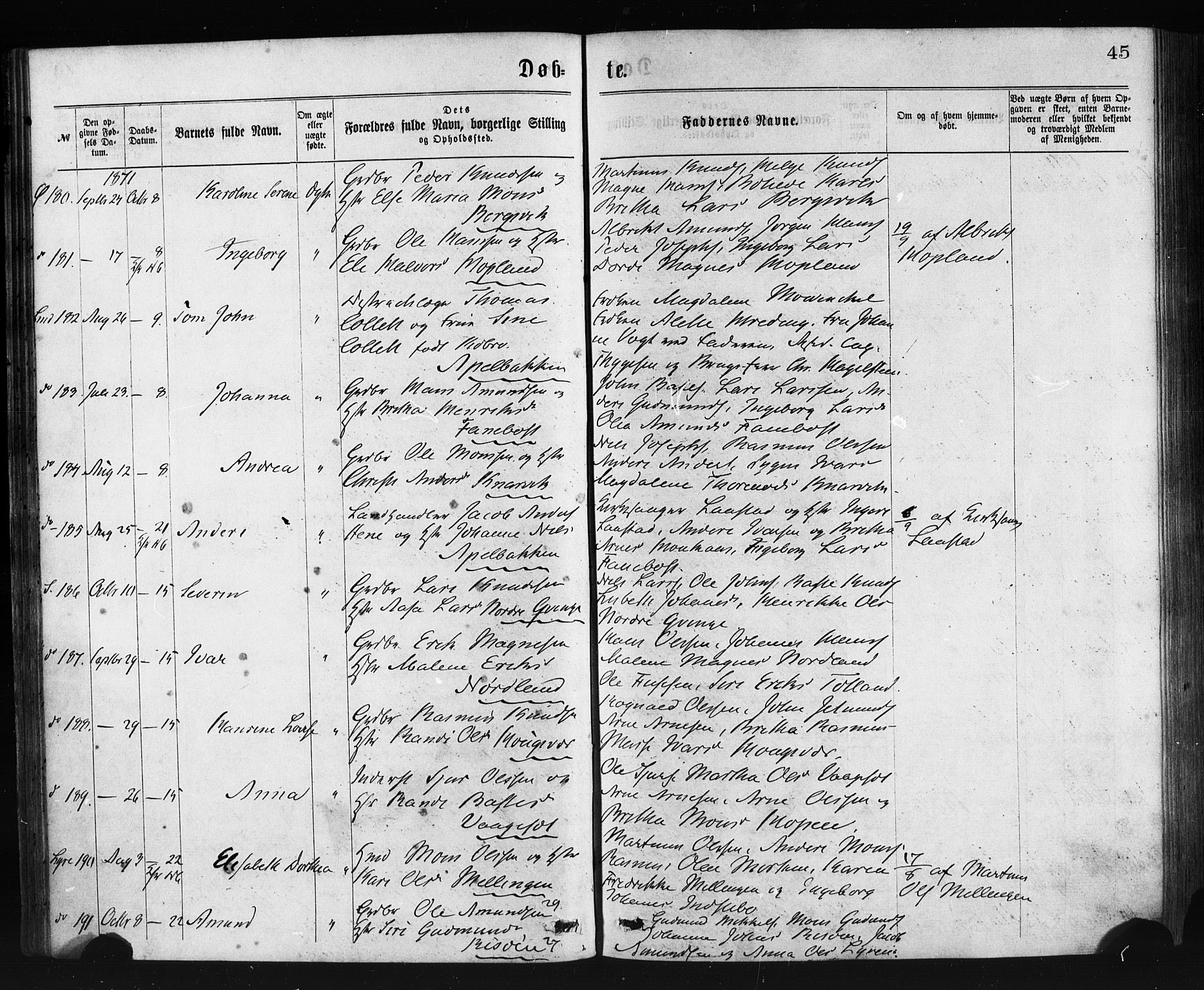 Lindås Sokneprestembete, AV/SAB-A-76701/H/Haa/Haaa/L0018: Parish register (official) no. A 18, 1869-1885, p. 45