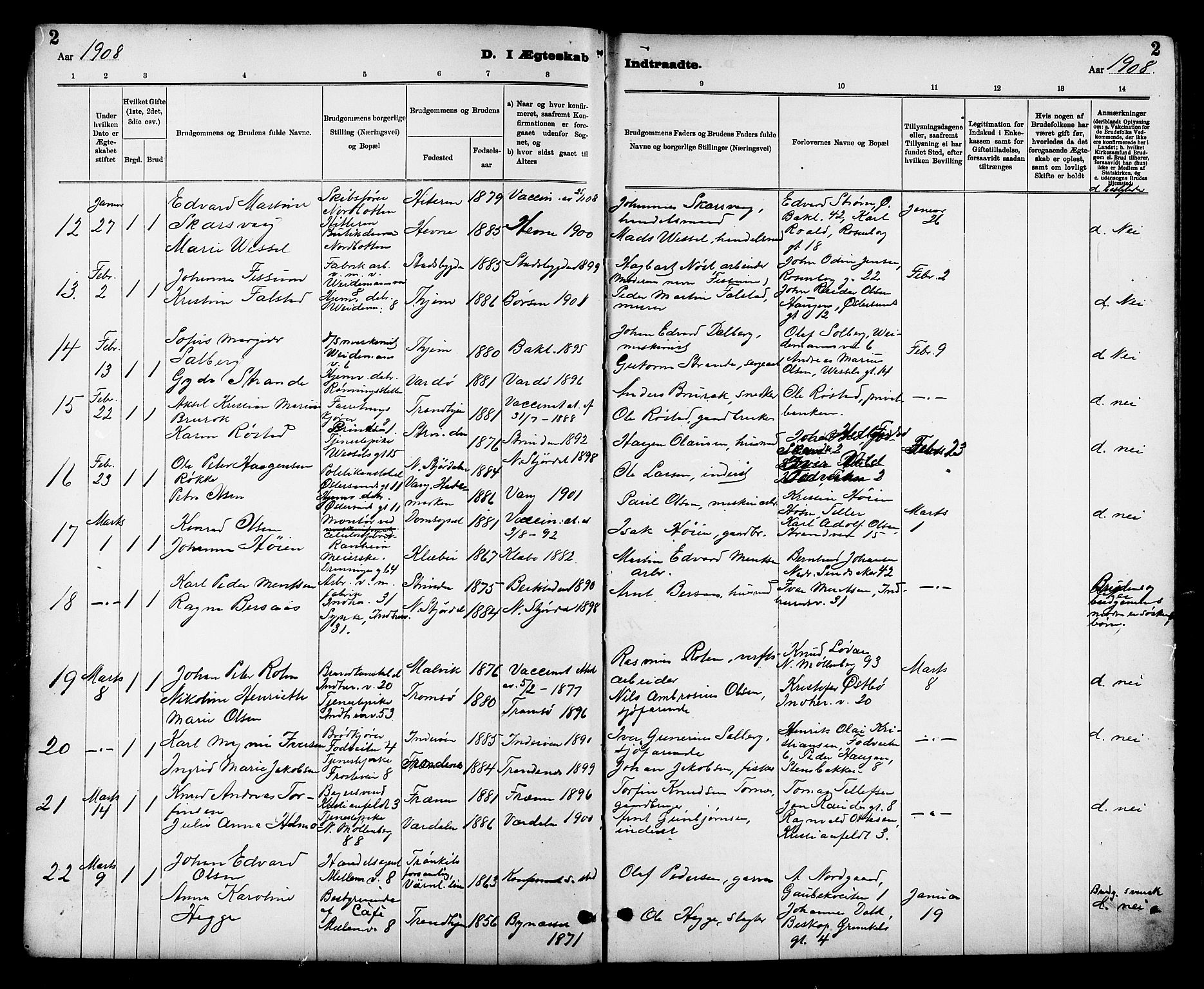 Ministerialprotokoller, klokkerbøker og fødselsregistre - Sør-Trøndelag, SAT/A-1456/605/L0255: Parish register (copy) no. 605C02, 1908-1918, p. 2