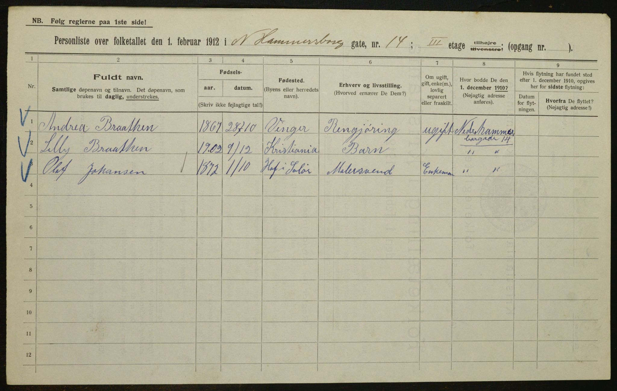 OBA, Municipal Census 1912 for Kristiania, 1912, p. 70011