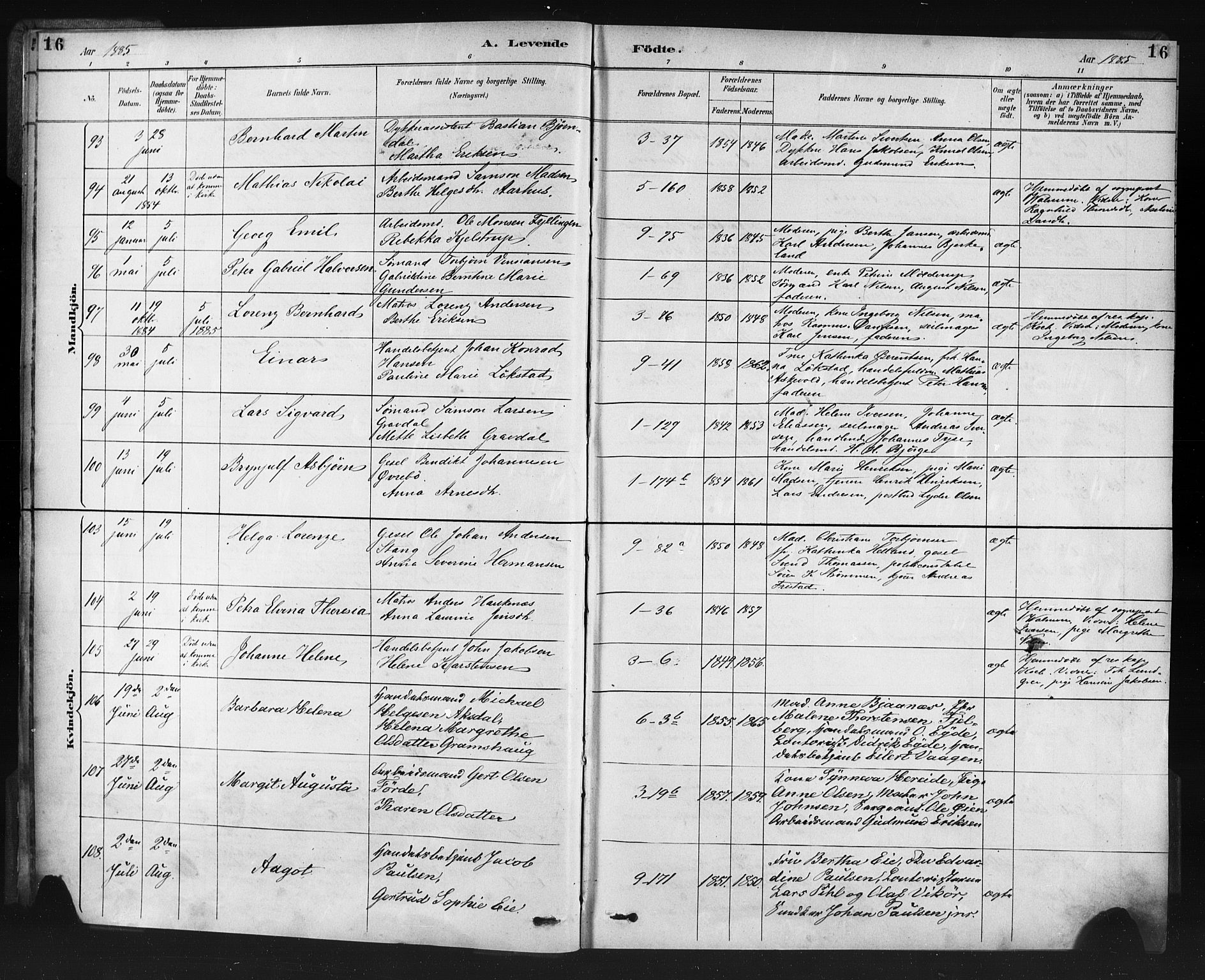 Nykirken Sokneprestembete, SAB/A-77101/H/Haa: Parish register (official) no. B 5, 1885-1894, p. 16