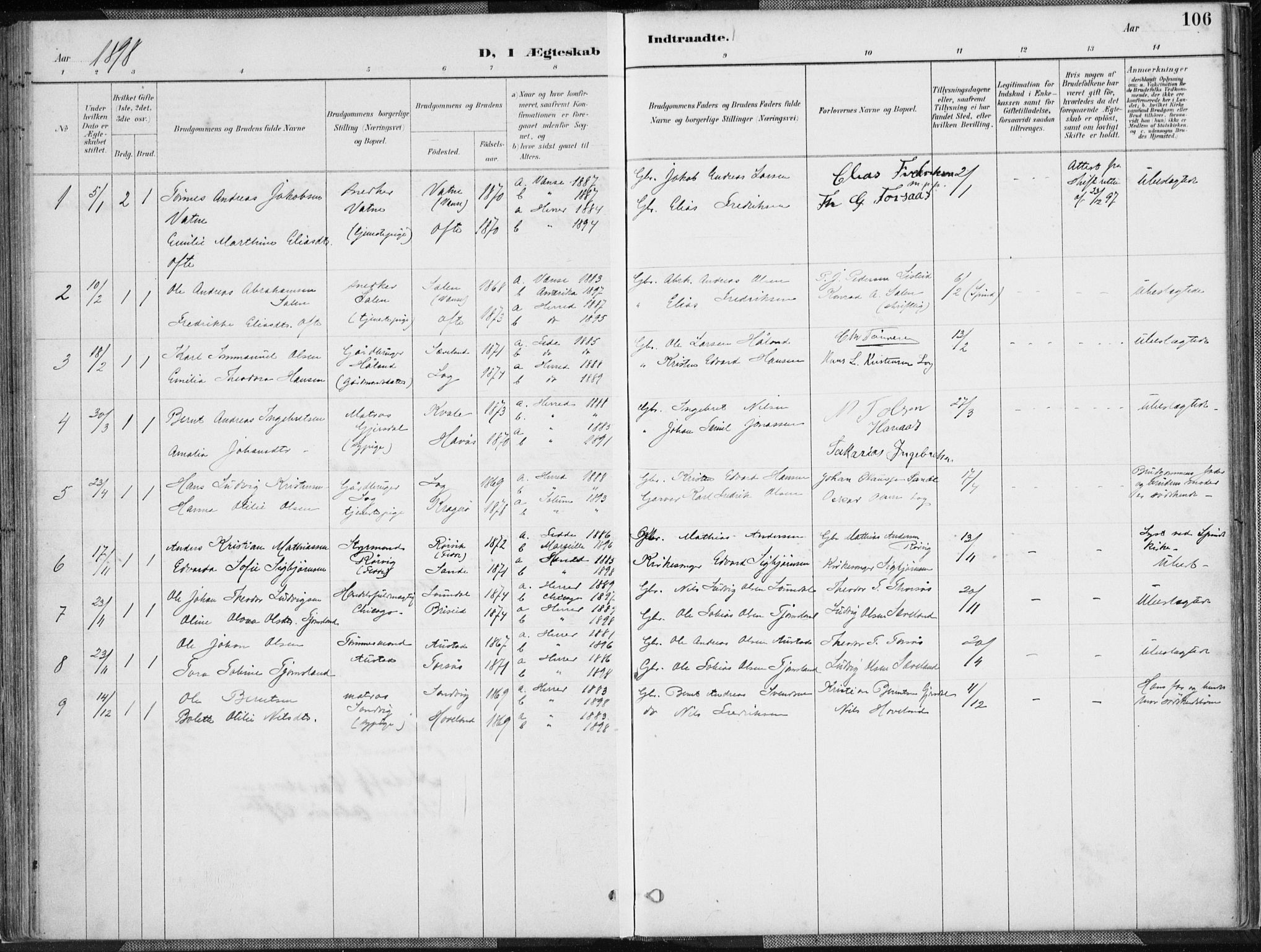 Herad sokneprestkontor, SAK/1111-0018/F/Fa/Faa/L0006: Parish register (official) no. A 6, 1887-1907, p. 106