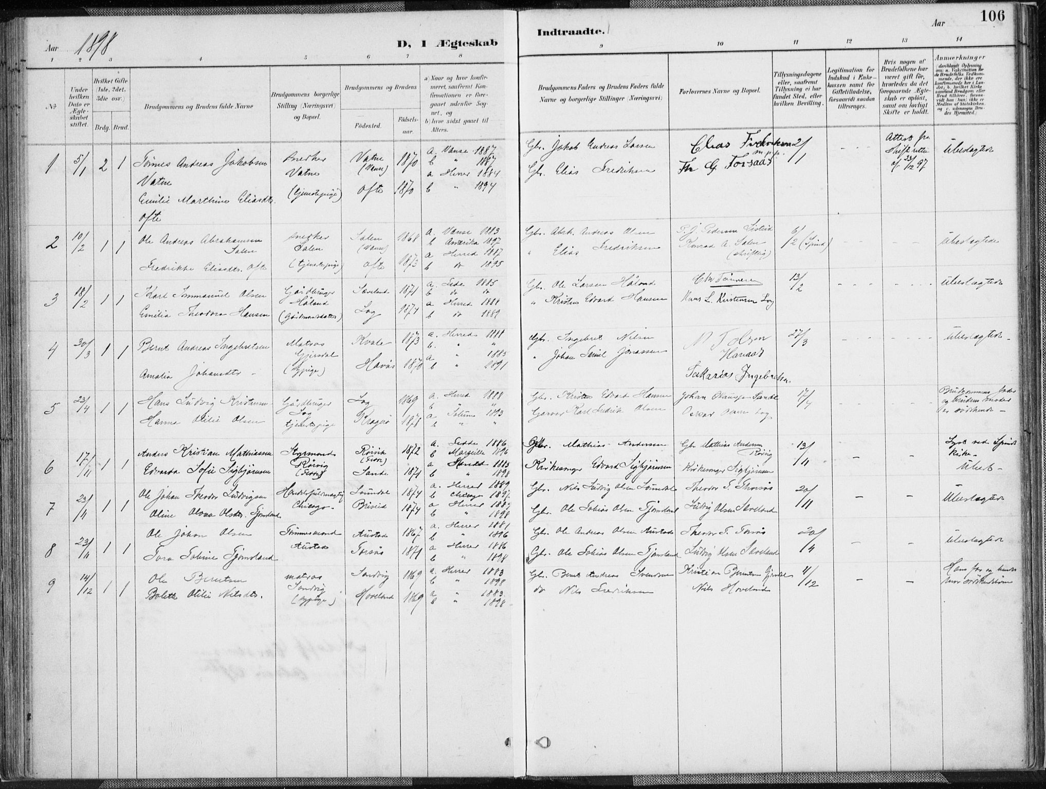 Herad sokneprestkontor, AV/SAK-1111-0018/F/Fa/Faa/L0006: Parish register (official) no. A 6, 1887-1907, p. 106