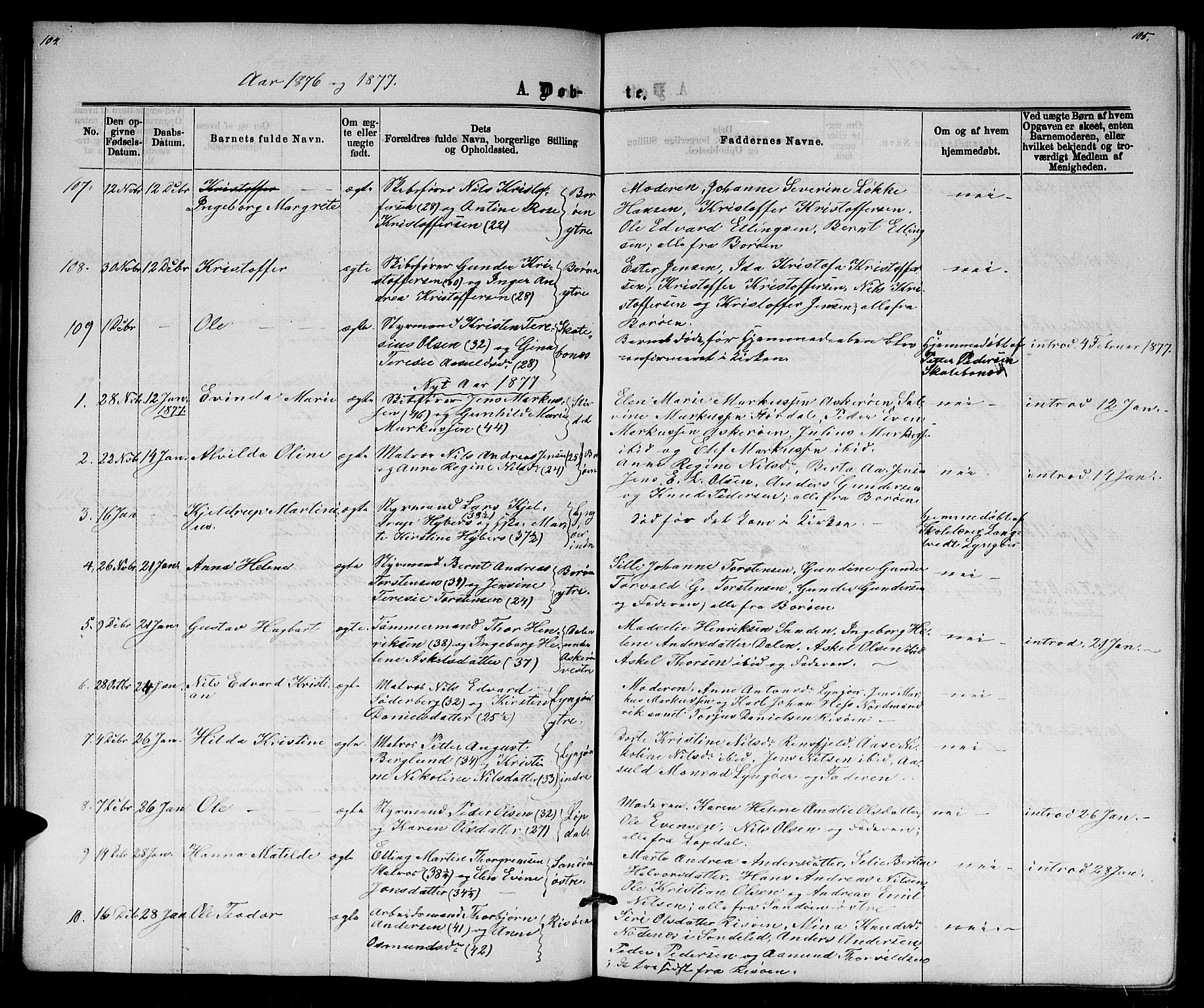 Dypvåg sokneprestkontor, AV/SAK-1111-0007/F/Fb/Fba/L0012: Parish register (copy) no. B 12, 1872-1886, p. 104-105