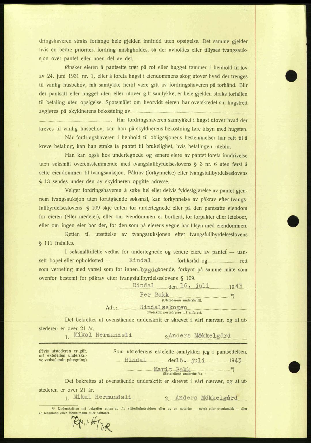 Nordmøre sorenskriveri, AV/SAT-A-4132/1/2/2Ca: Mortgage book no. B91, 1943-1944, Diary no: : 1672/1943