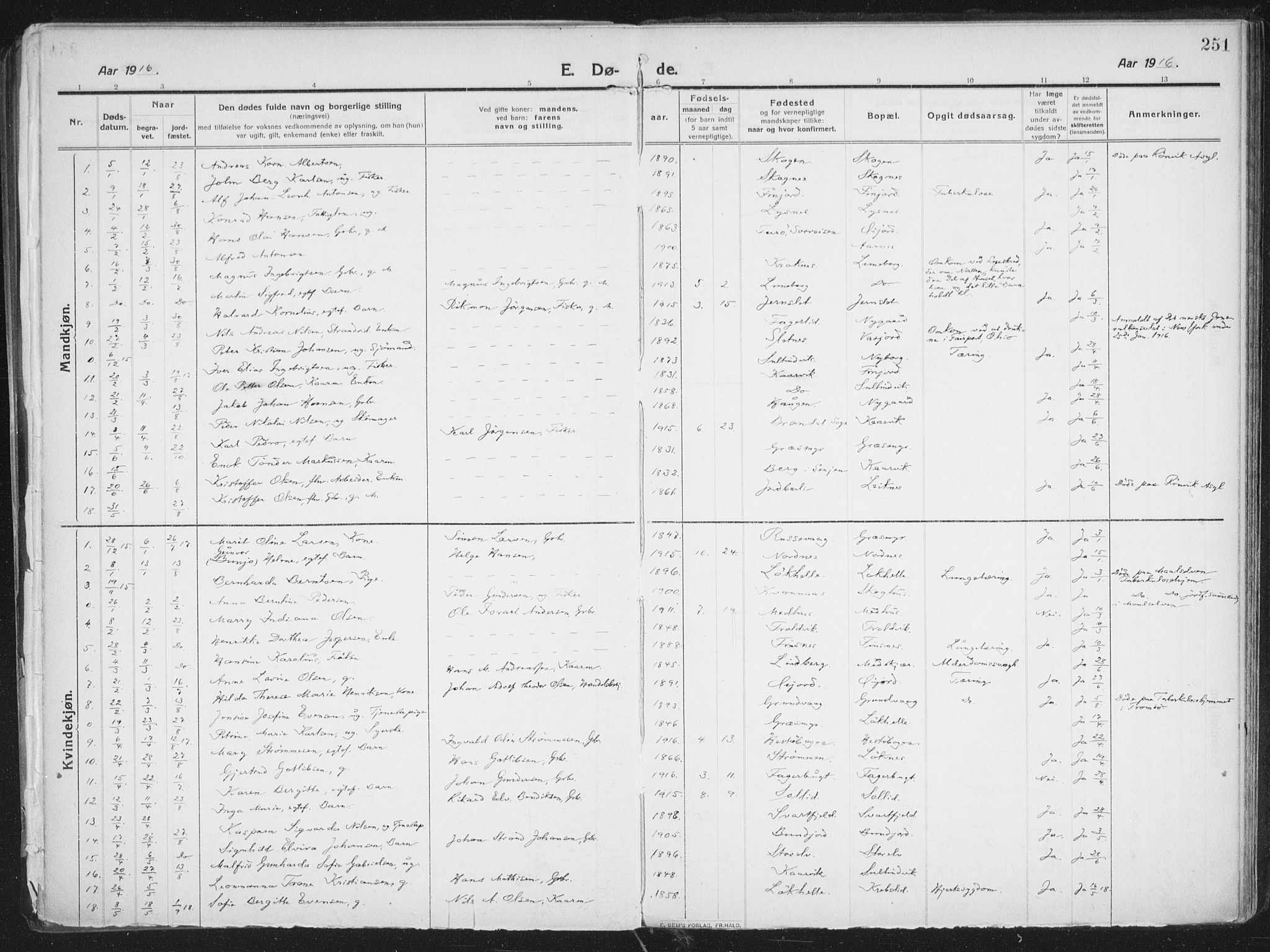 Lenvik sokneprestembete, AV/SATØ-S-1310/H/Ha/Haa/L0016kirke: Parish register (official) no. 16, 1910-1924, p. 251