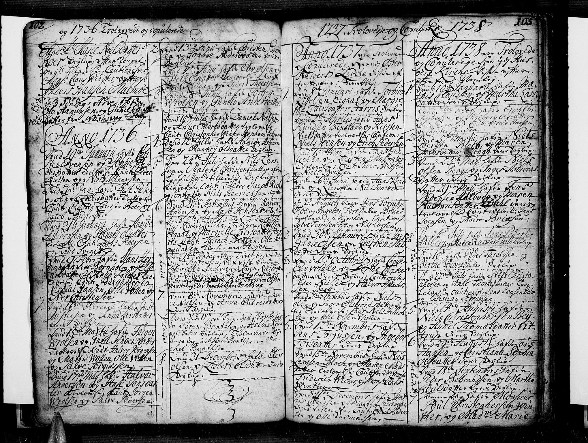 Risør sokneprestkontor, SAK/1111-0035/F/Fb/L0001: Parish register (copy) no. B 1, 1716-1747, p. 102-103