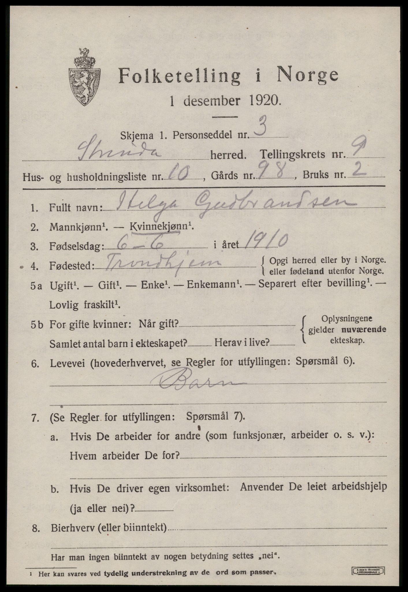 SAT, 1920 census for Strinda, 1920, p. 22346