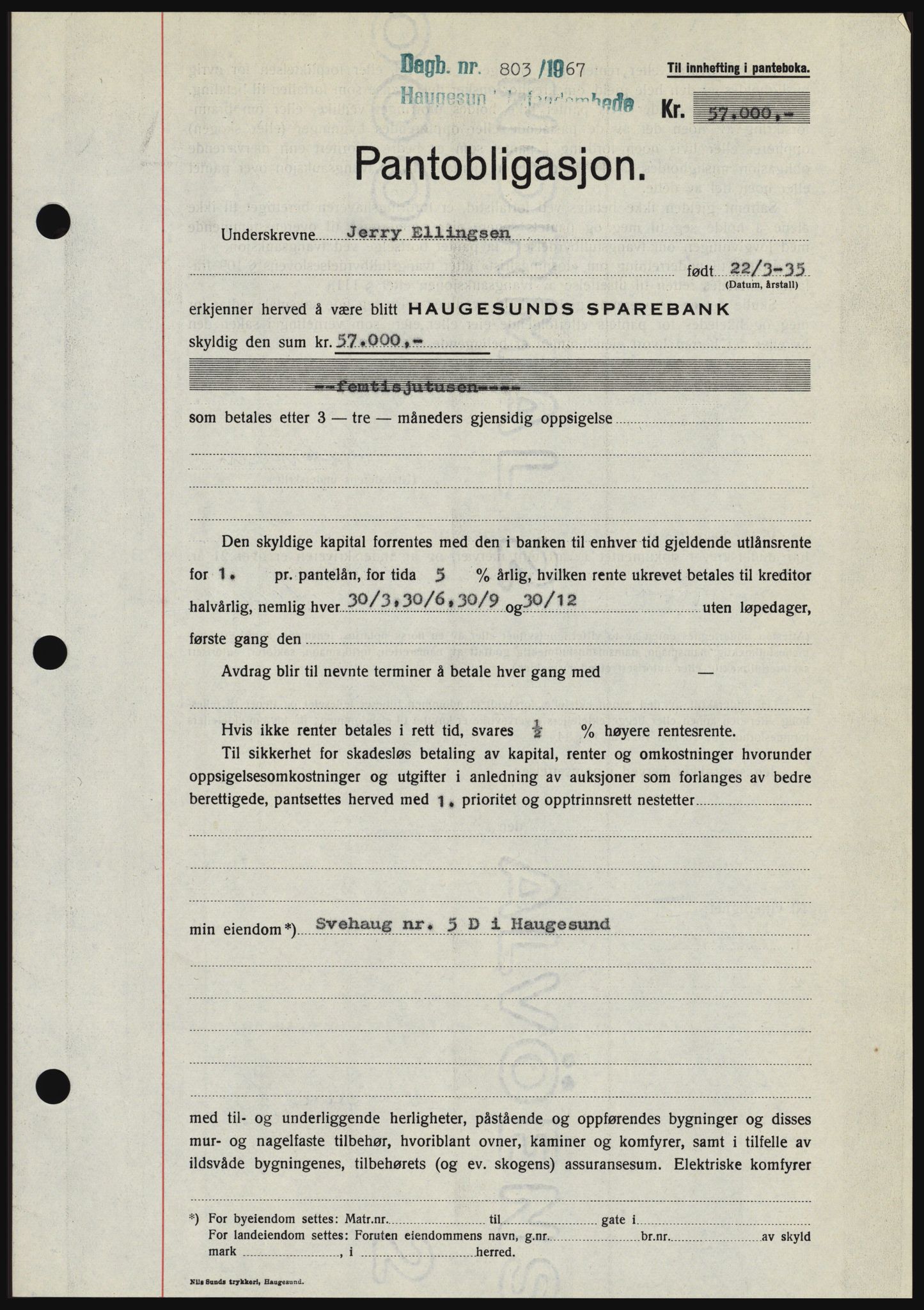 Haugesund tingrett, SAST/A-101415/01/II/IIC/L0056: Mortgage book no. B 56, 1966-1967, Diary no: : 803/1967