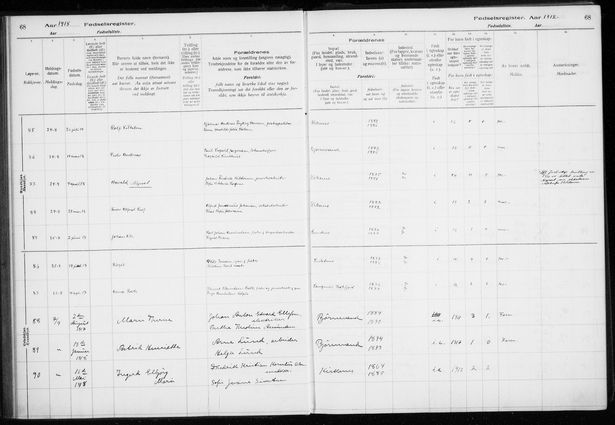 Sør-Varanger sokneprestkontor, AV/SATØ-S-1331/I/Ia/L0016: Birth register no. 16, 1915-1925, p. 68