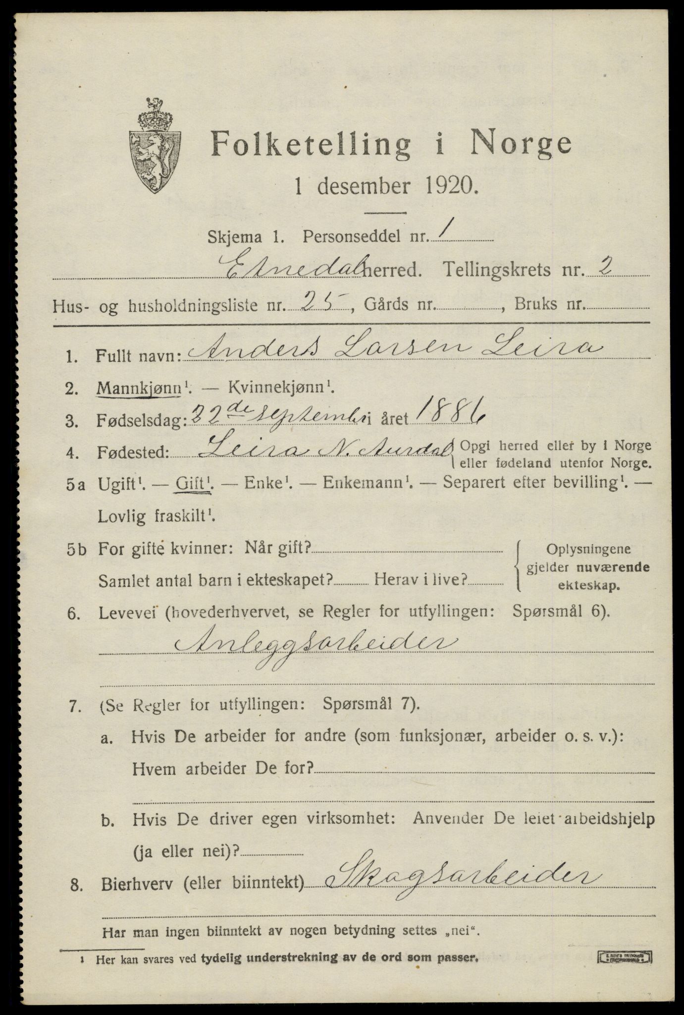 SAH, 1920 census for Etnedal, 1920, p. 1288