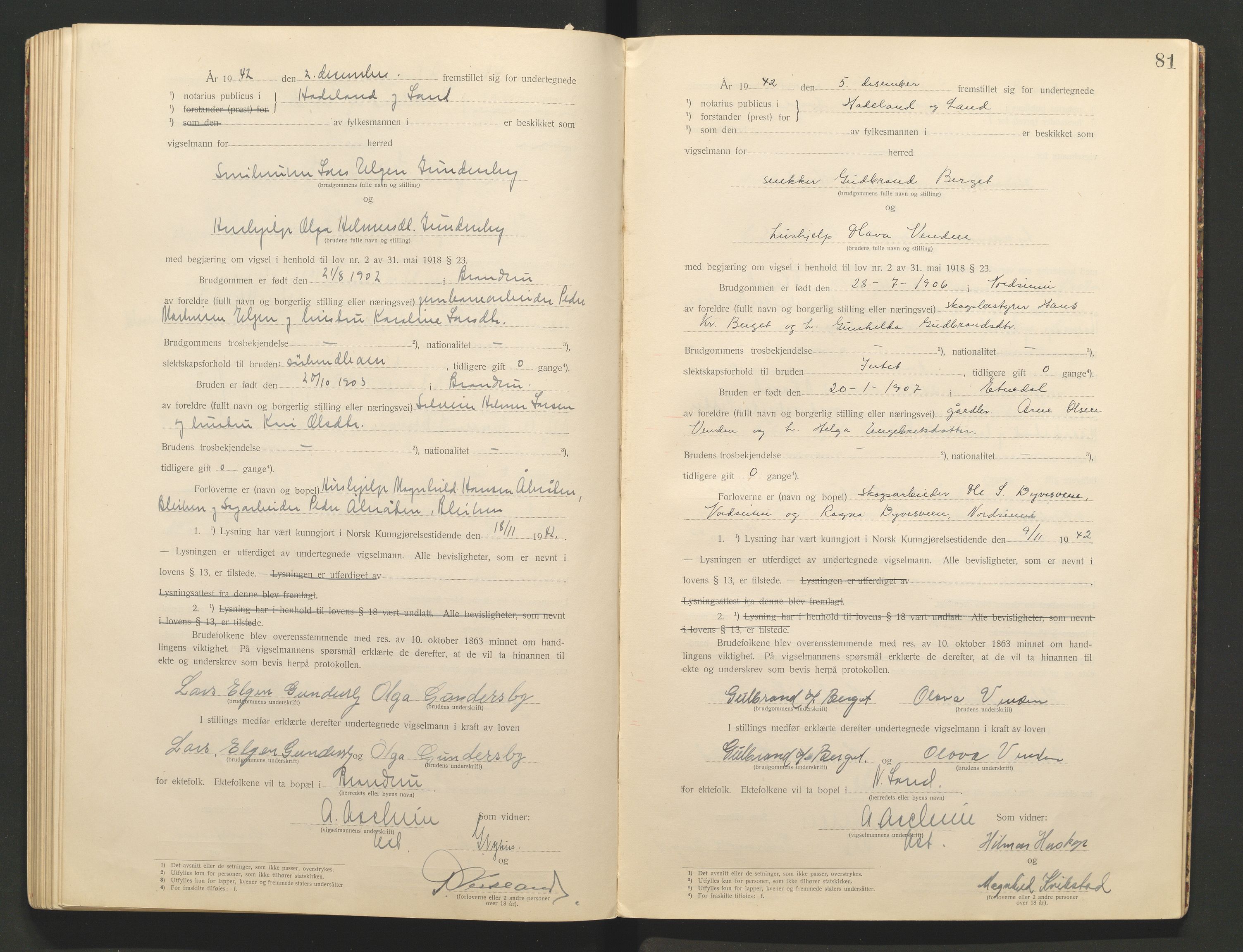 Hadeland og Land tingrett, AV/SAH-TING-010/L/Lb/L0001: Vigselbok, 1920-1943, p. 81
