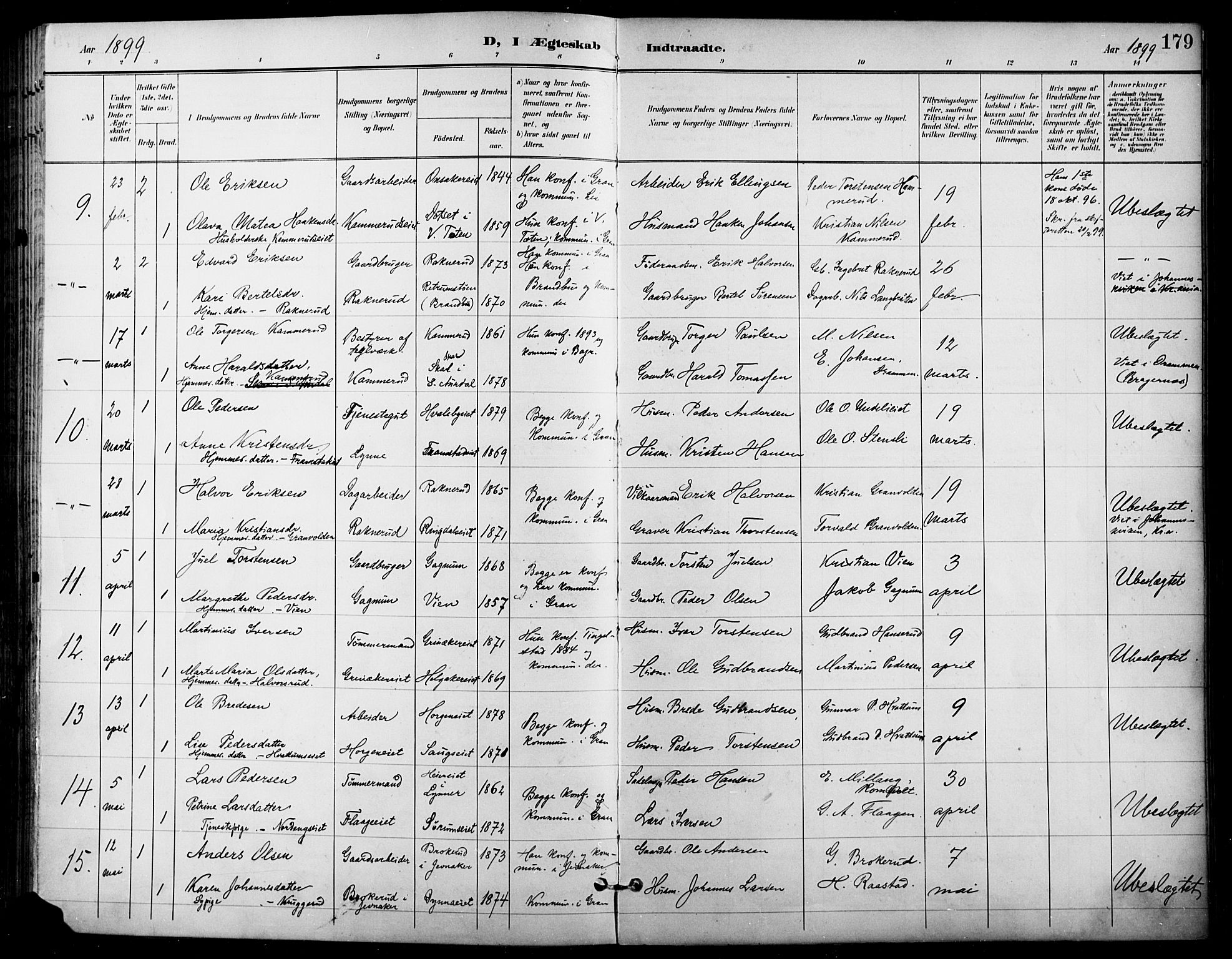 Gran prestekontor, SAH/PREST-112/H/Ha/Haa/L0019: Parish register (official) no. 19, 1898-1907, p. 179