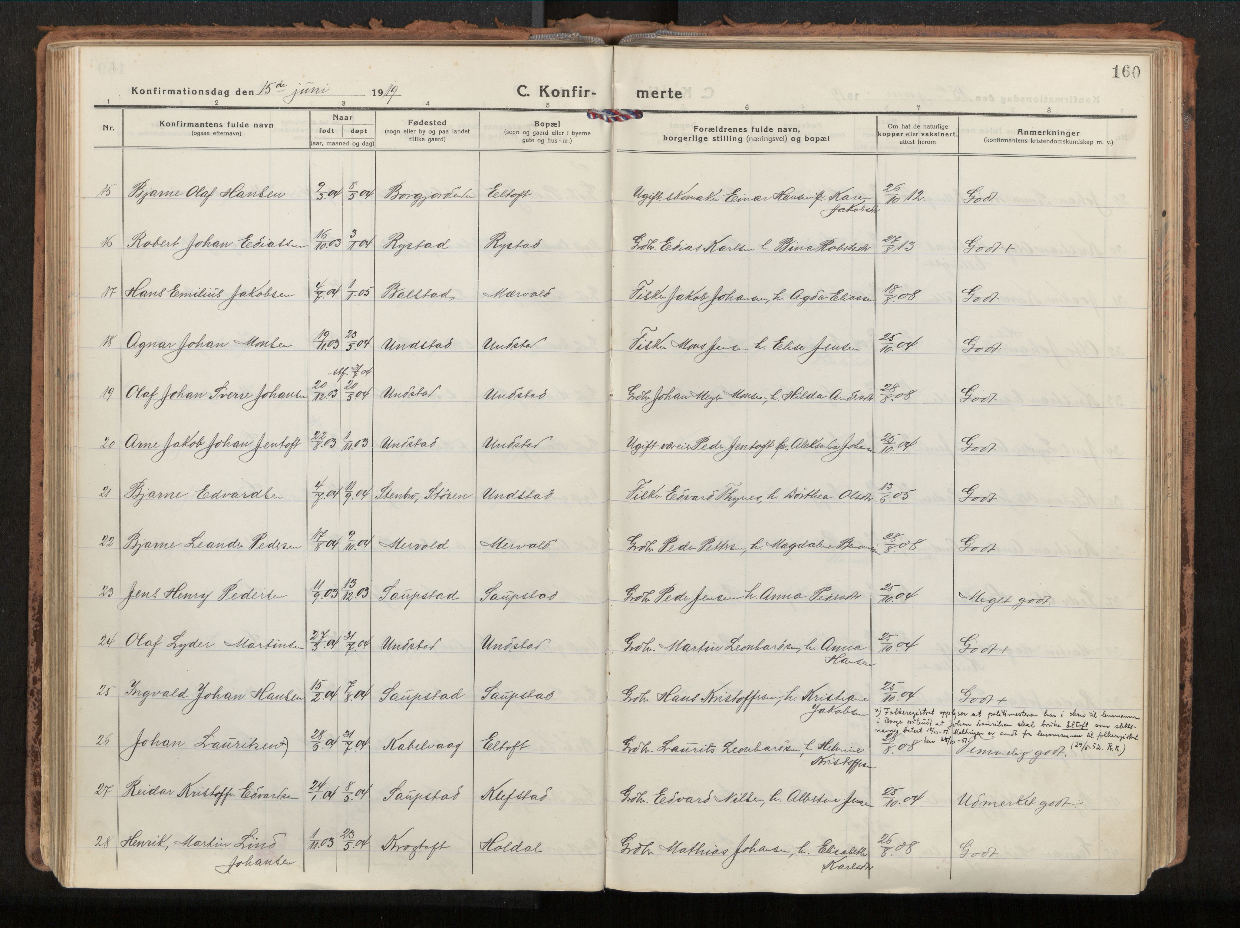 Ministerialprotokoller, klokkerbøker og fødselsregistre - Nordland, SAT/A-1459/880/L1136: Parish register (official) no. 880A10, 1919-1927, p. 160