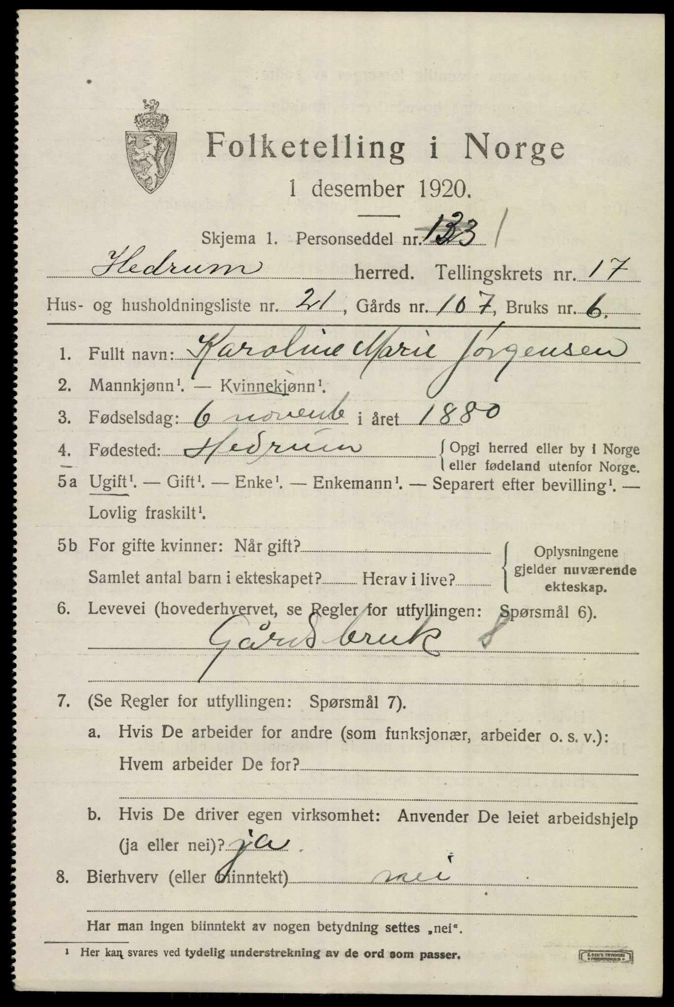 SAKO, 1920 census for Hedrum, 1920, p. 10779
