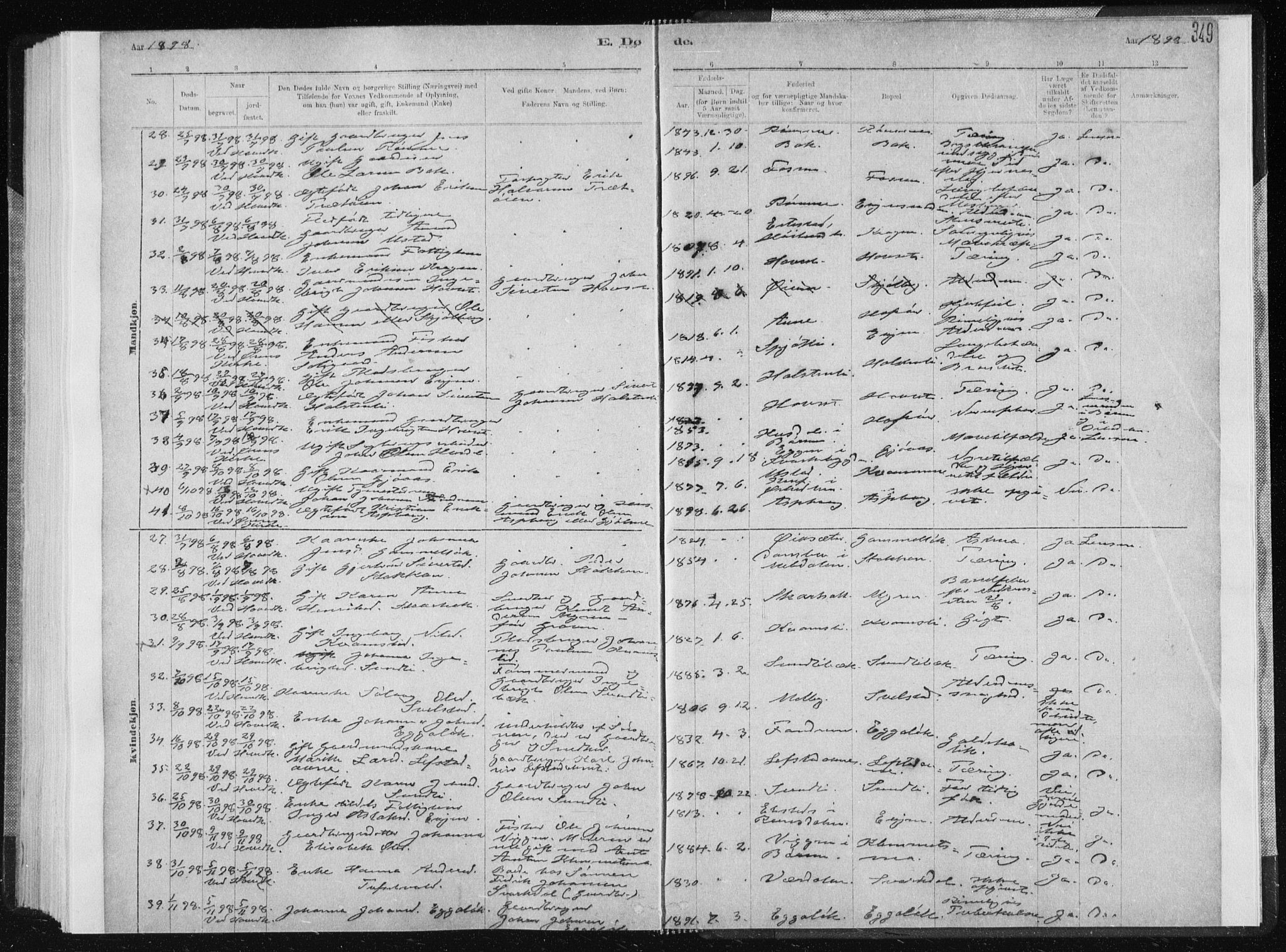 Ministerialprotokoller, klokkerbøker og fødselsregistre - Sør-Trøndelag, AV/SAT-A-1456/668/L0818: Parish register (copy) no. 668C07, 1885-1898, p. 349