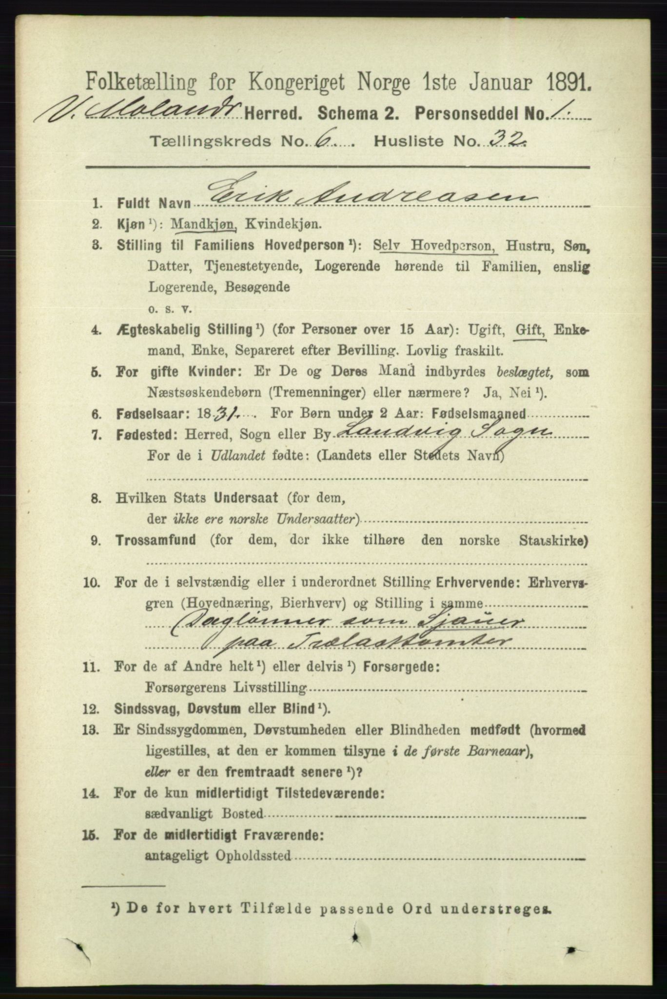 RA, 1891 census for 0926 Vestre Moland, 1891, p. 2501