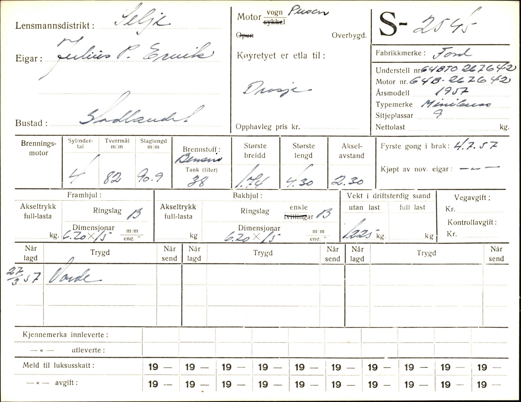 Statens vegvesen, Sogn og Fjordane vegkontor, AV/SAB-A-5301/4/F/L0004: Registerkort utmeldte Fjordane S2500-2700, S7200-7899, 1930-1961, p. 67