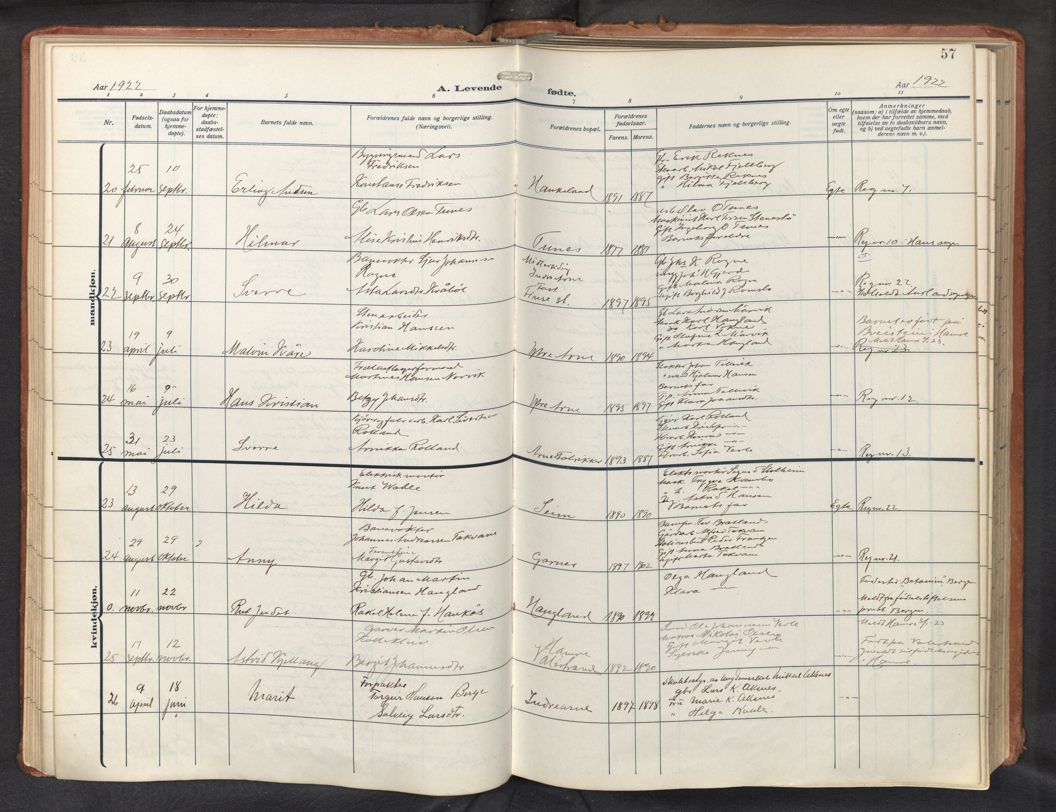 Haus sokneprestembete, AV/SAB-A-75601/H/Haa: Parish register (official) no. D 3, 1912-1927, p. 57