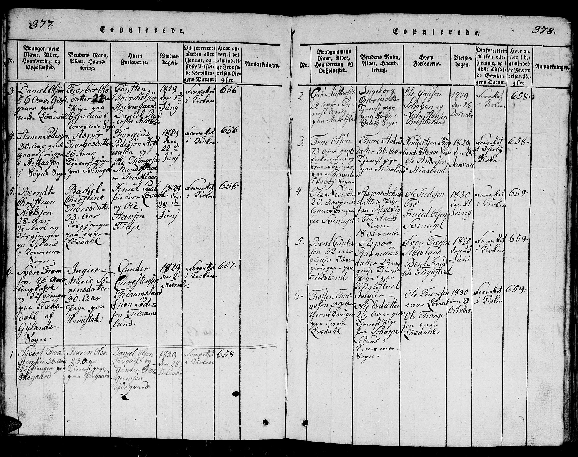 Holum sokneprestkontor, AV/SAK-1111-0022/F/Fb/Fbb/L0001: Parish register (copy) no. B 1, 1820-1847, p. 377-378