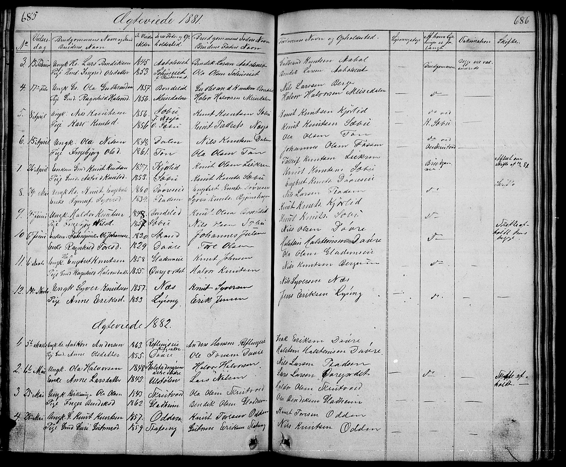 Nord-Aurdal prestekontor, SAH/PREST-132/H/Ha/Hab/L0001: Parish register (copy) no. 1, 1834-1887, p. 685-686