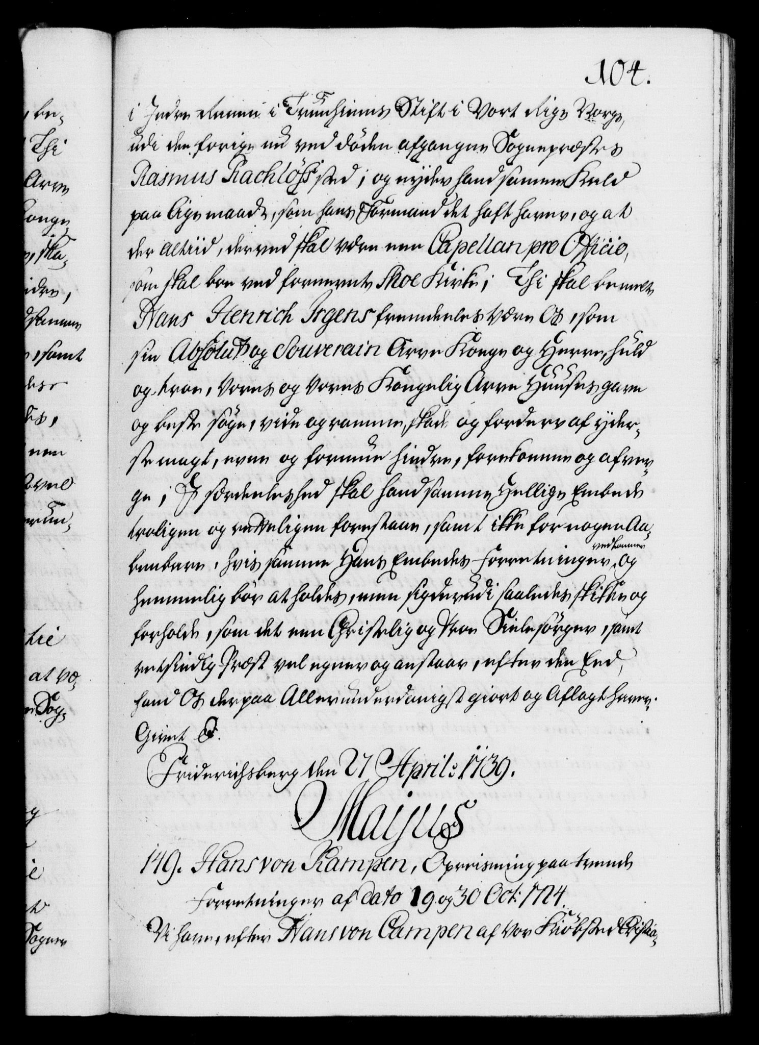 Danske Kanselli 1572-1799, AV/RA-EA-3023/F/Fc/Fca/Fcaa/L0031: Norske registre, 1739-1740, p. 104a