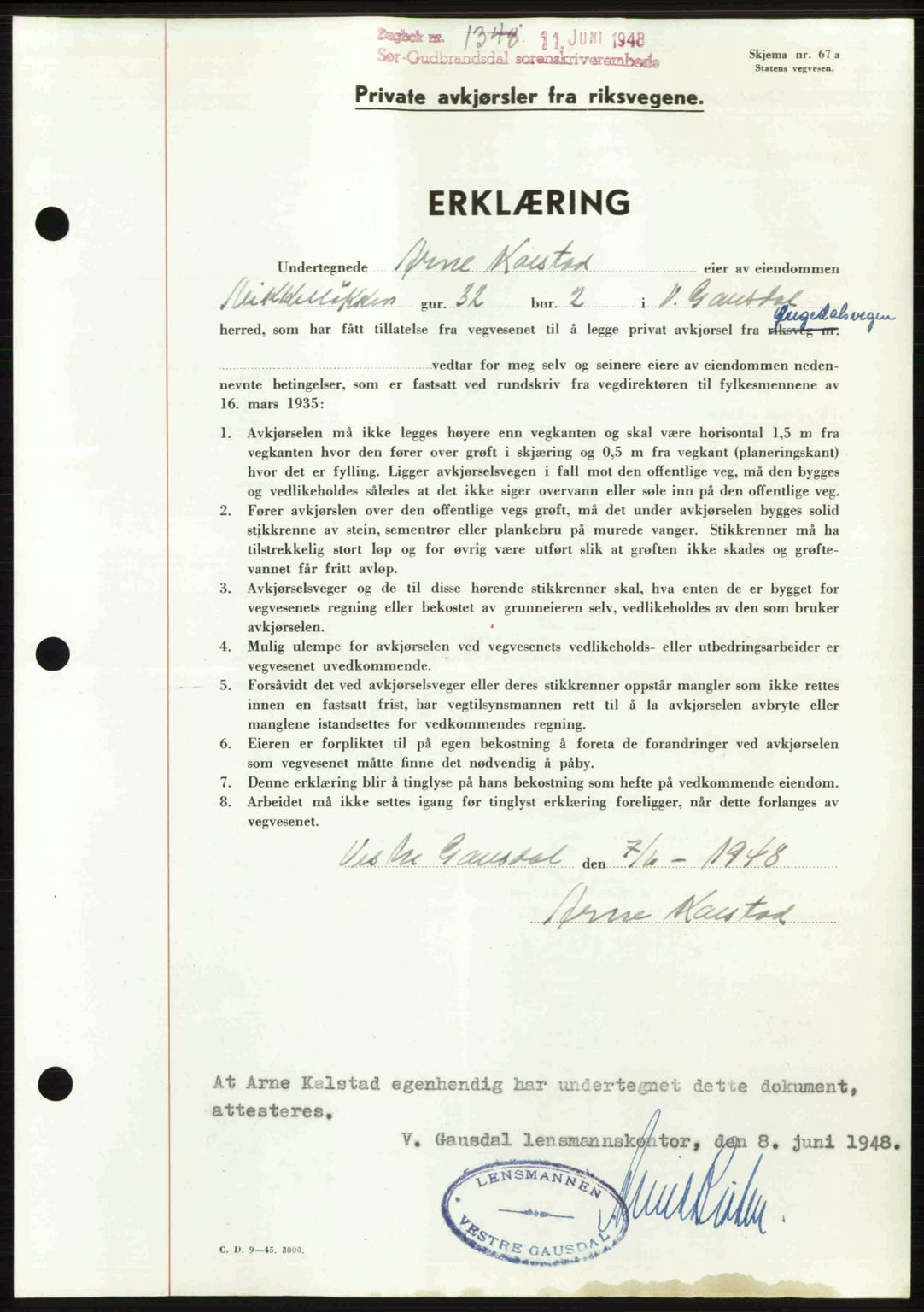 Sør-Gudbrandsdal tingrett, SAH/TING-004/H/Hb/Hbd/L0022: Mortgage book no. A22, 1948-1948, Diary no: : 1348/1948