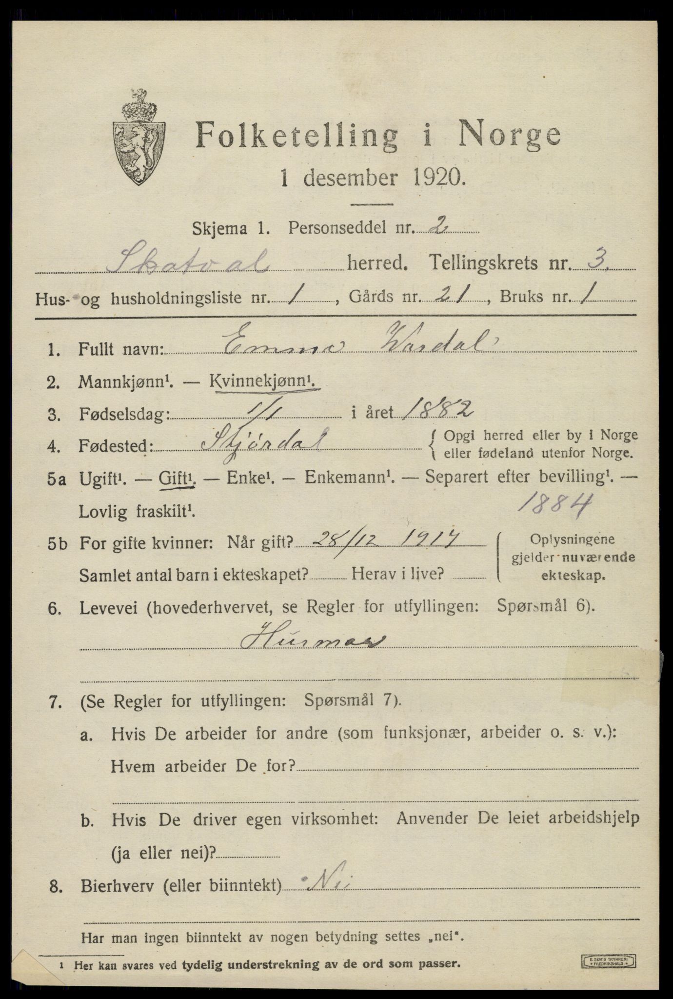 SAT, 1920 census for Skatval, 1920, p. 1409