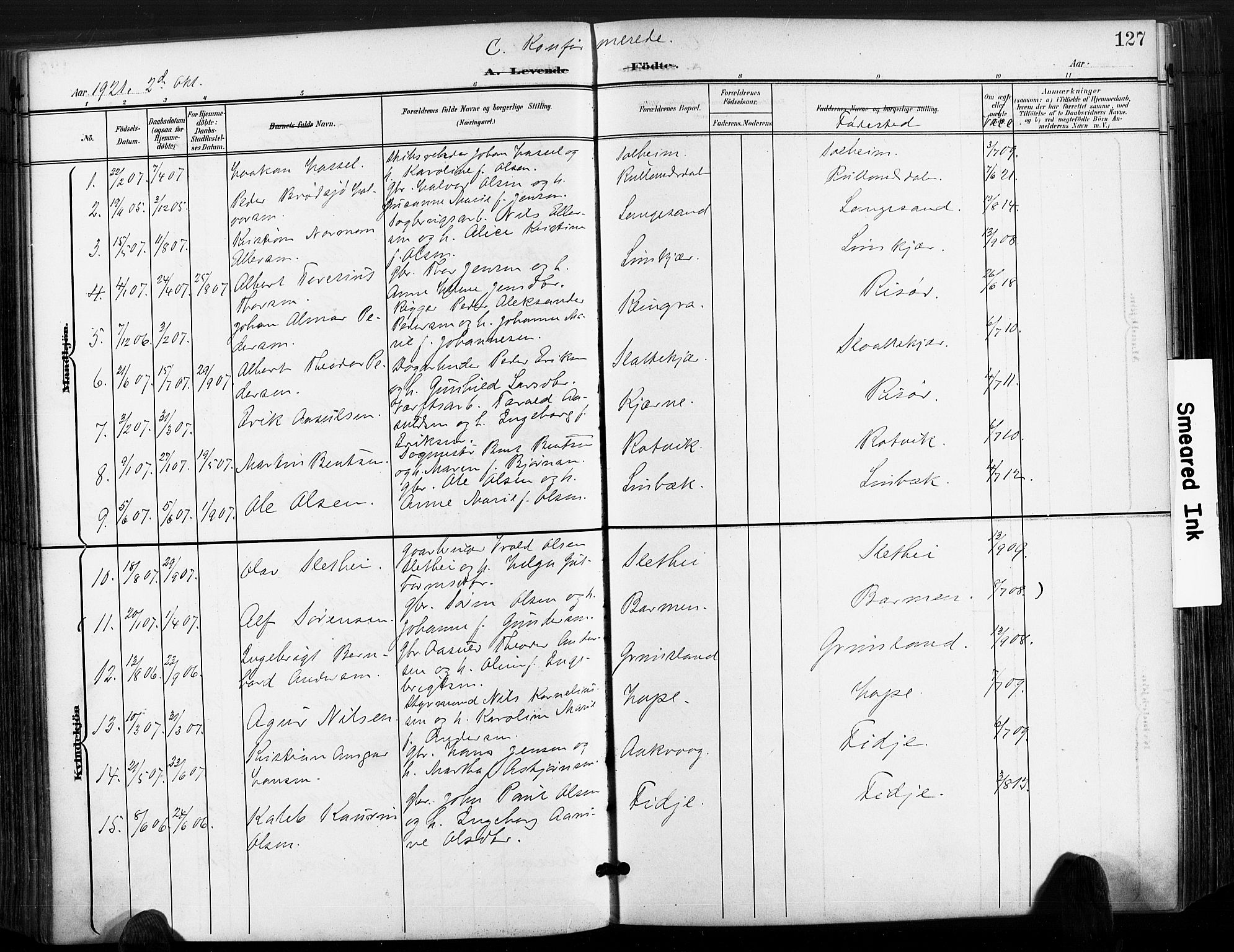Søndeled sokneprestkontor, SAK/1111-0038/F/Fa/L0006: Parish register (official) no. A 6, 1900-1922, p. 127
