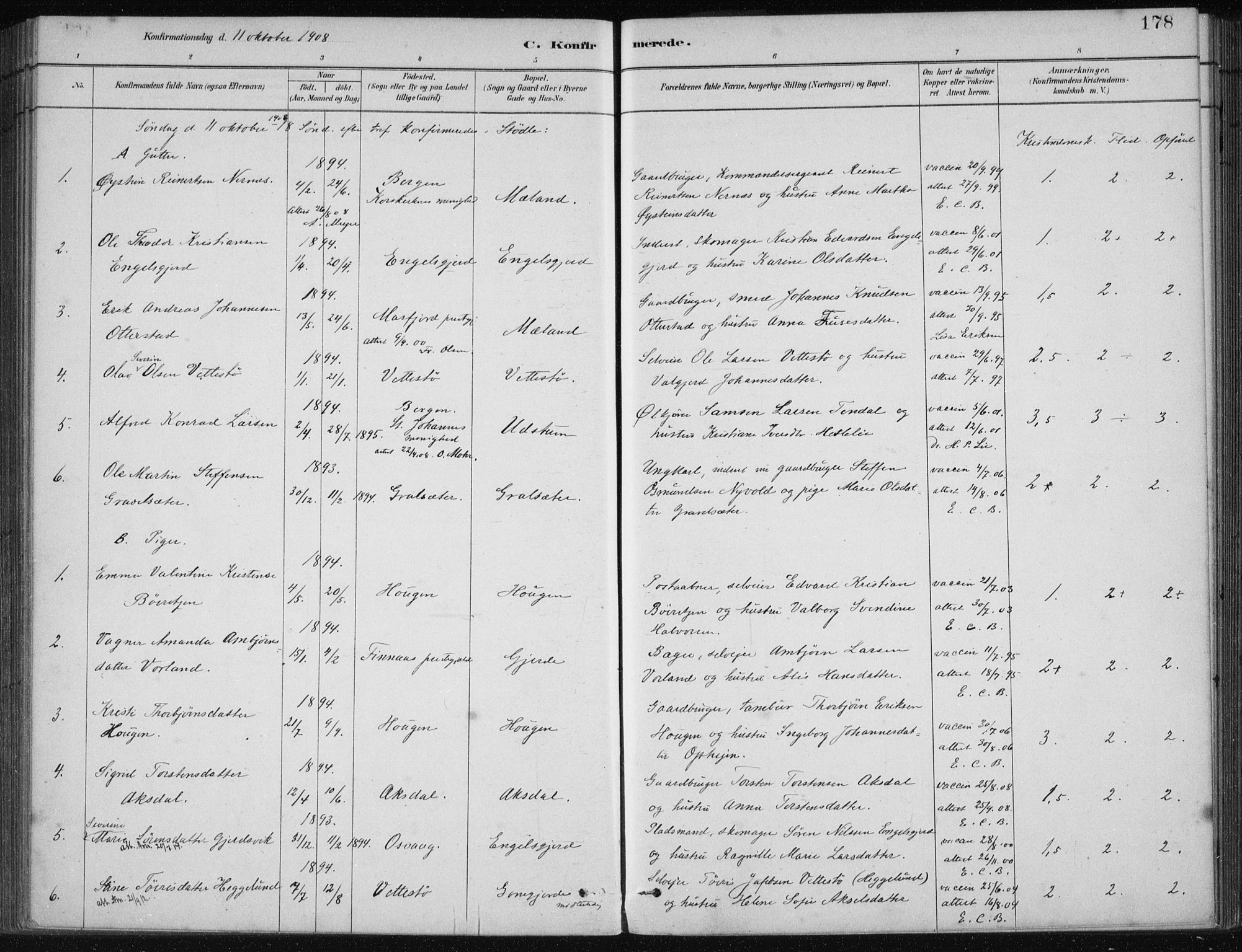 Etne sokneprestembete, AV/SAB-A-75001/H/Haa: Parish register (official) no. C  1, 1879-1919, p. 178