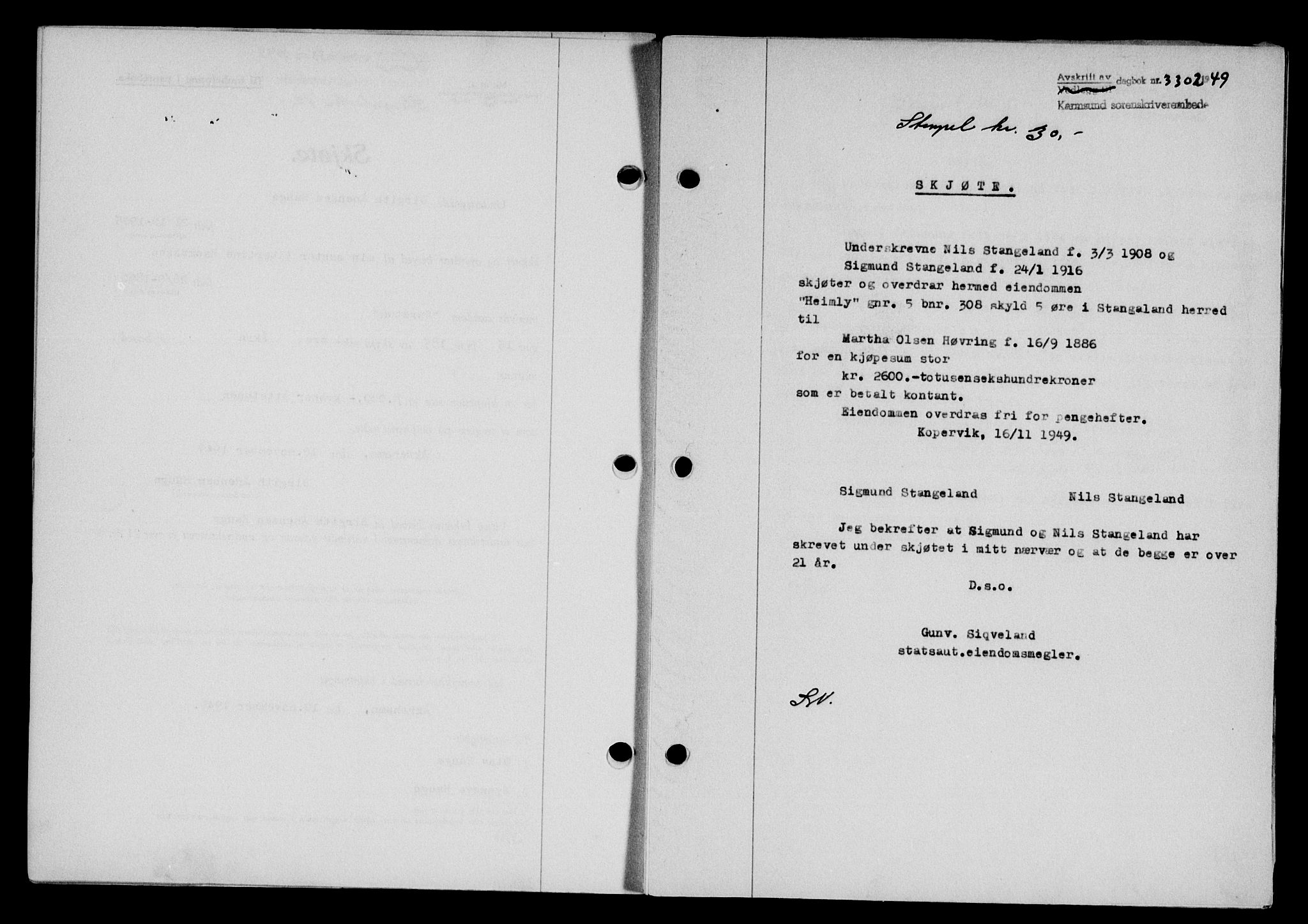 Karmsund sorenskriveri, SAST/A-100311/01/II/IIB/L0098: Mortgage book no. 78A, 1949-1950, Diary no: : 3302/1949