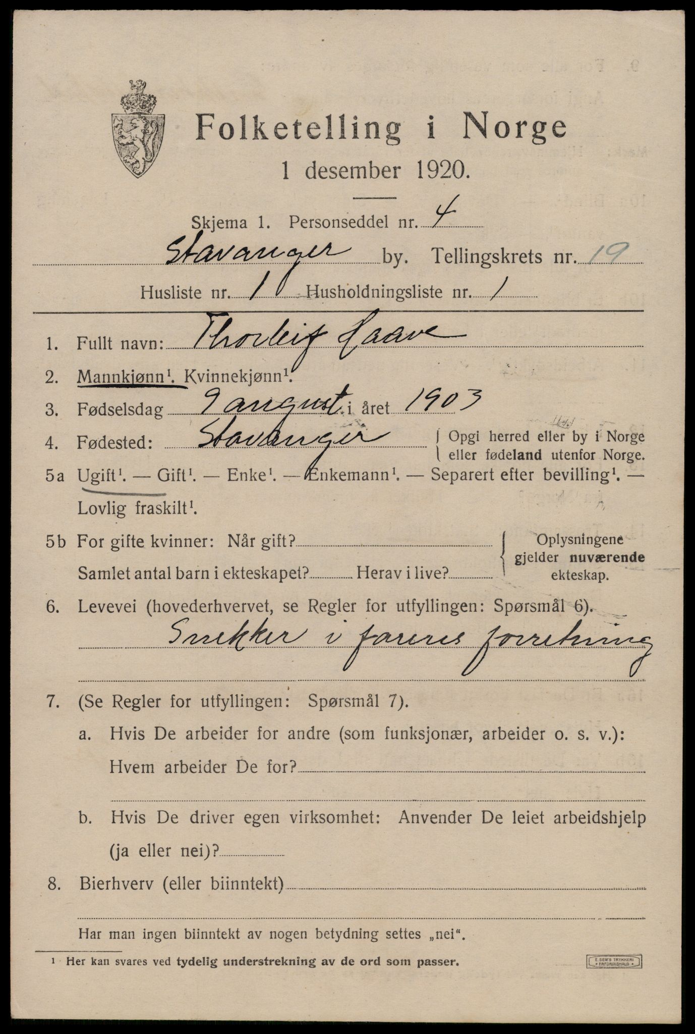 SAST, 1920 census for Stavanger, 1920, p. 68164