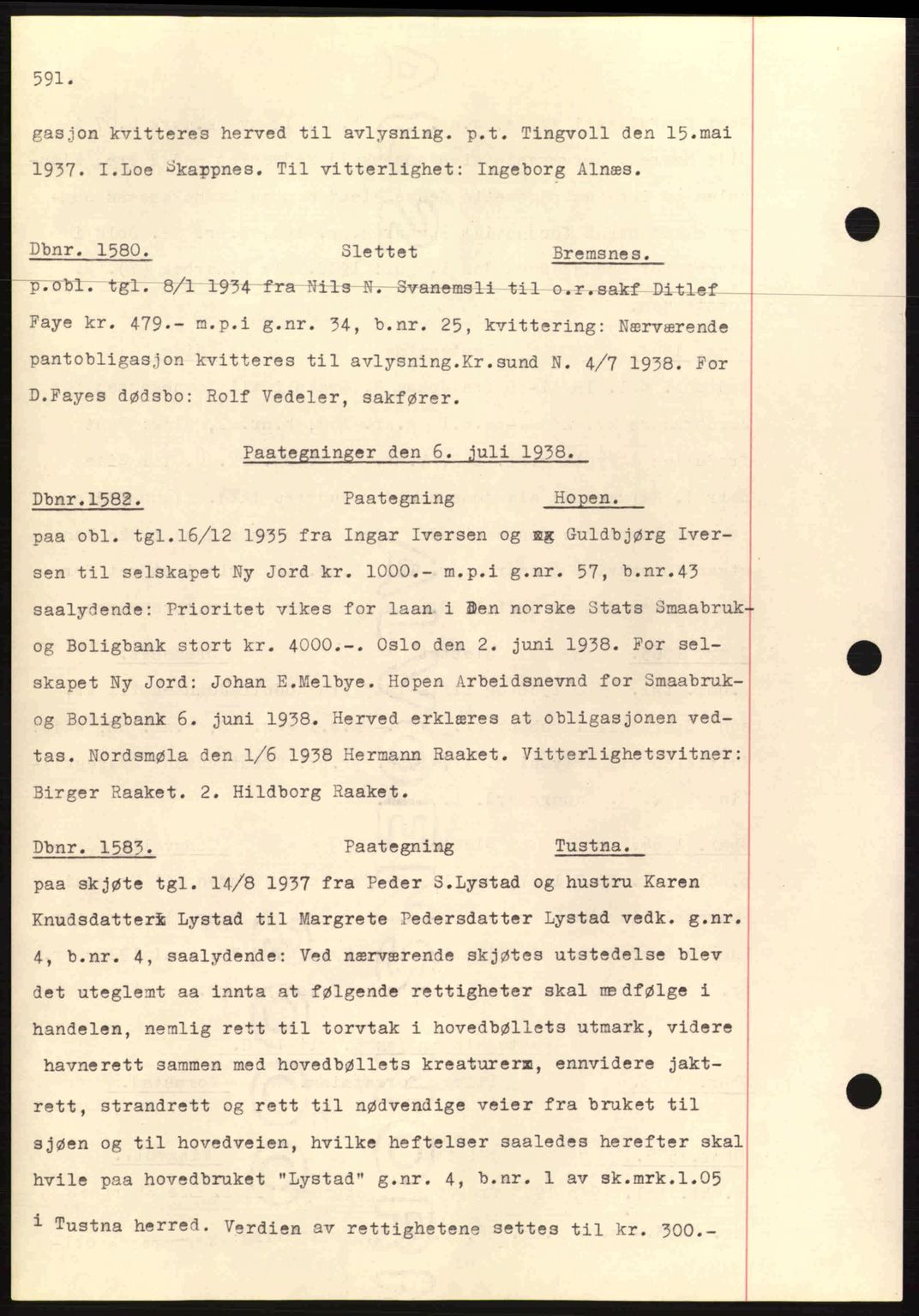 Nordmøre sorenskriveri, AV/SAT-A-4132/1/2/2Ca: Mortgage book no. C80, 1936-1939, Diary no: : 1580/1938