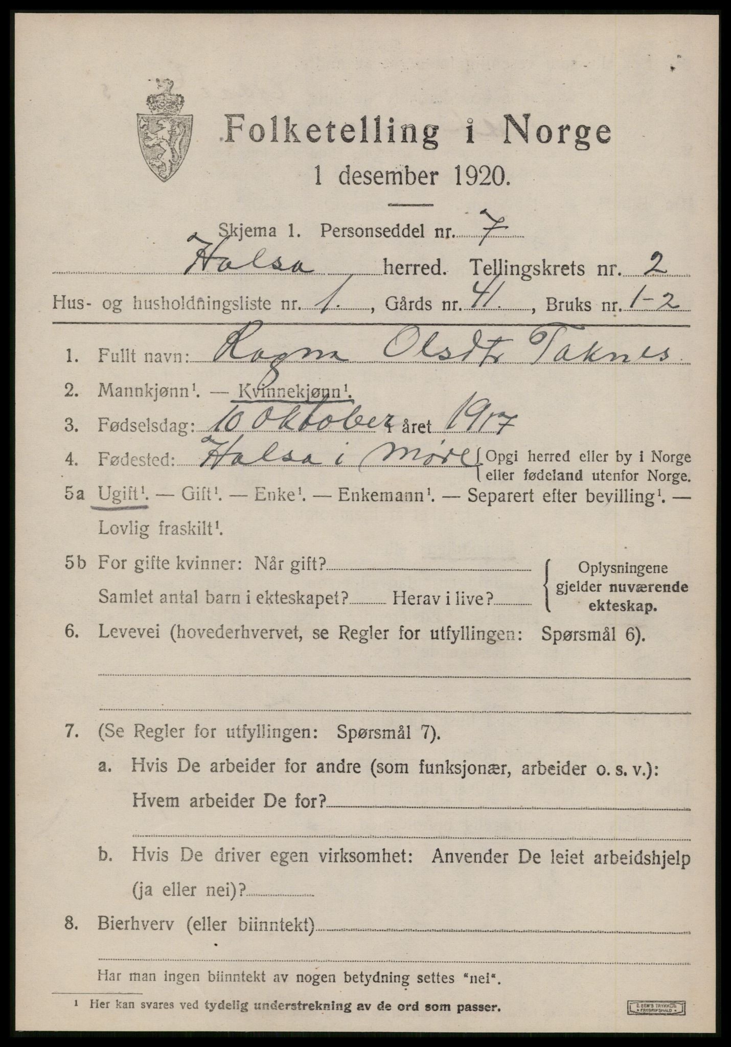 SAT, 1920 census for Halsa, 1920, p. 910