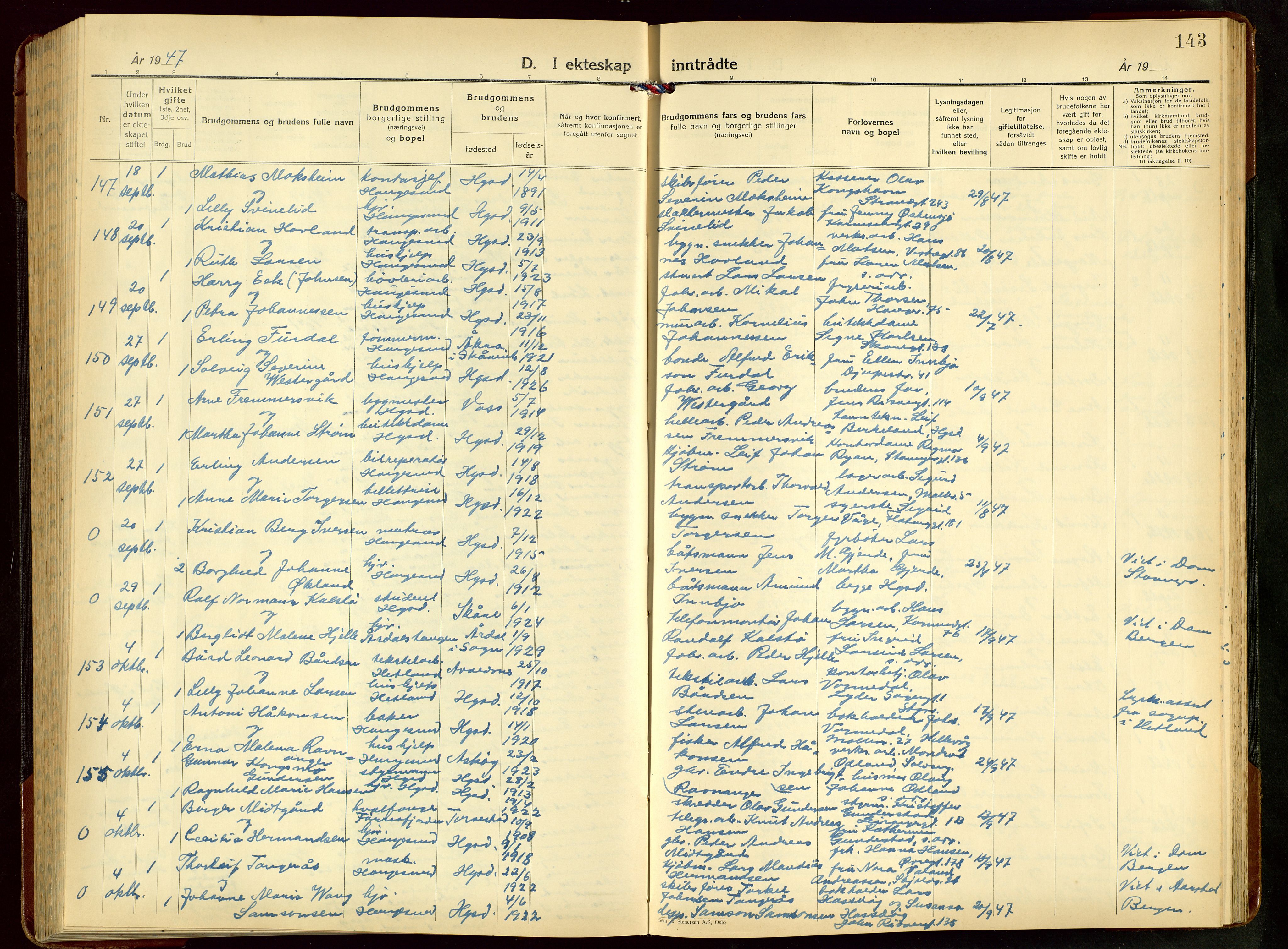 Haugesund sokneprestkontor, AV/SAST-A -101863/H/Ha/Hab/L0014: Parish register (copy) no. B 14, 1940-1952, p. 143