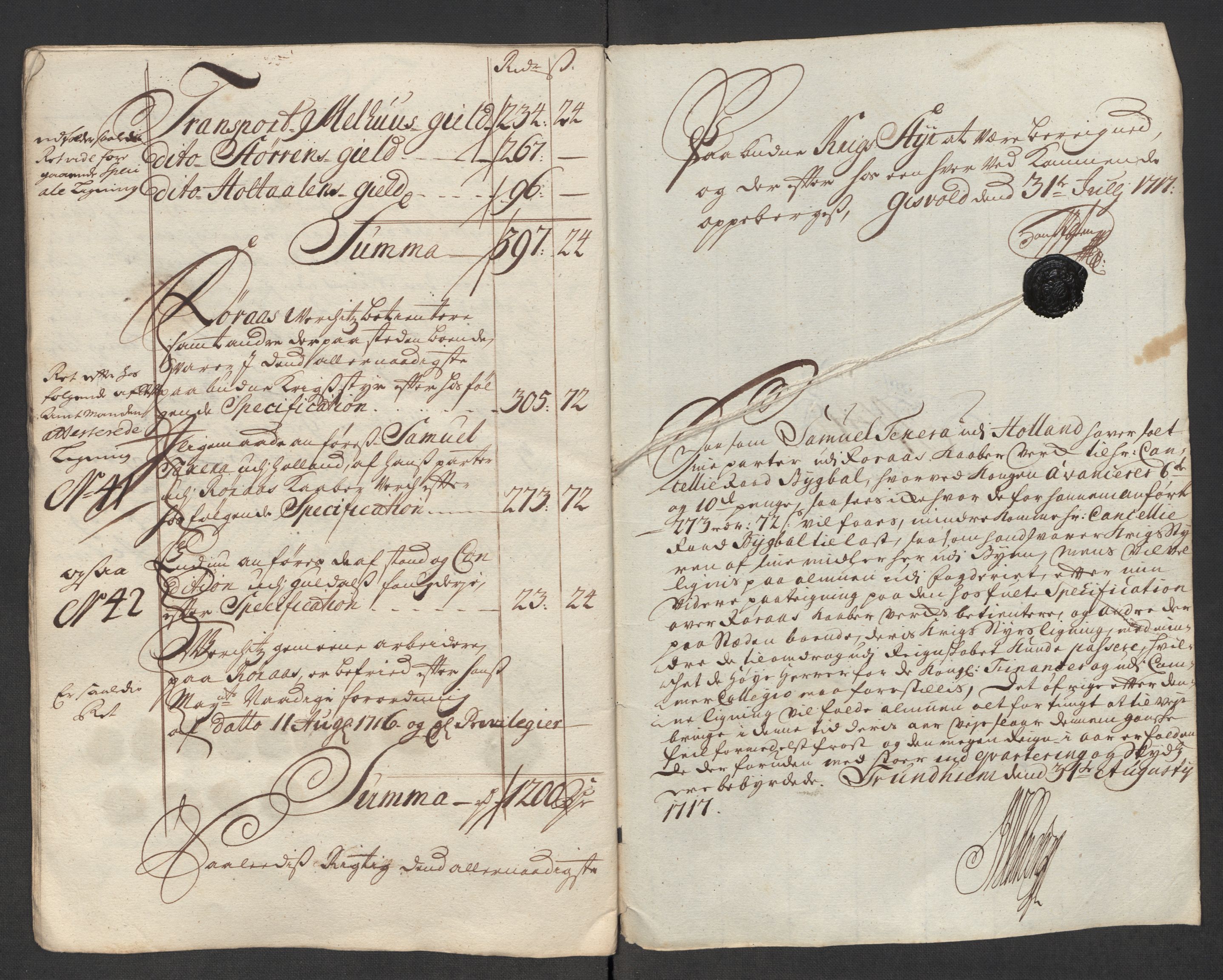 Rentekammeret inntil 1814, Reviderte regnskaper, Fogderegnskap, RA/EA-4092/R60/L3969: Fogderegnskap Orkdal og Gauldal, 1717, p. 383