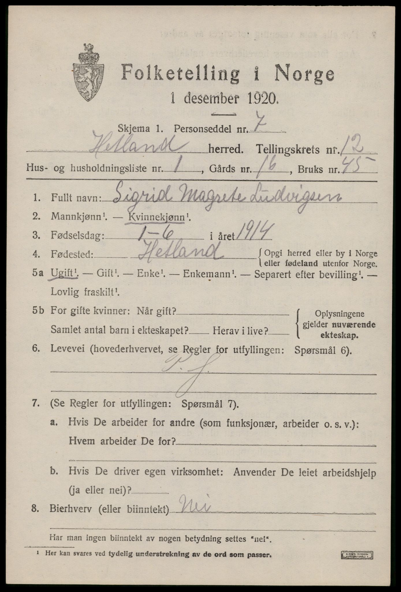 SAST, 1920 census for Hetland, 1920, p. 20897