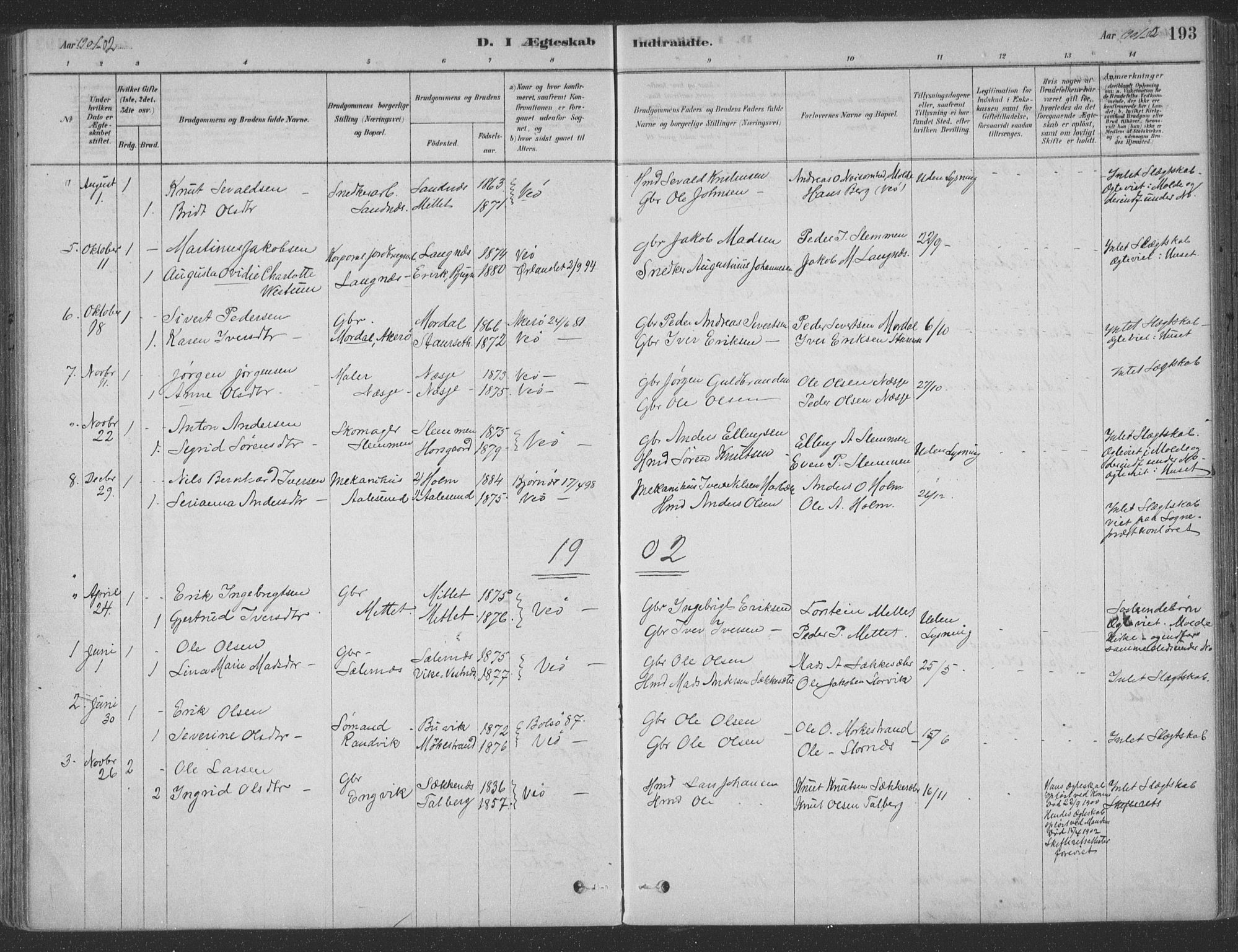 Ministerialprotokoller, klokkerbøker og fødselsregistre - Møre og Romsdal, SAT/A-1454/547/L0604: Parish register (official) no. 547A06, 1878-1906, p. 193