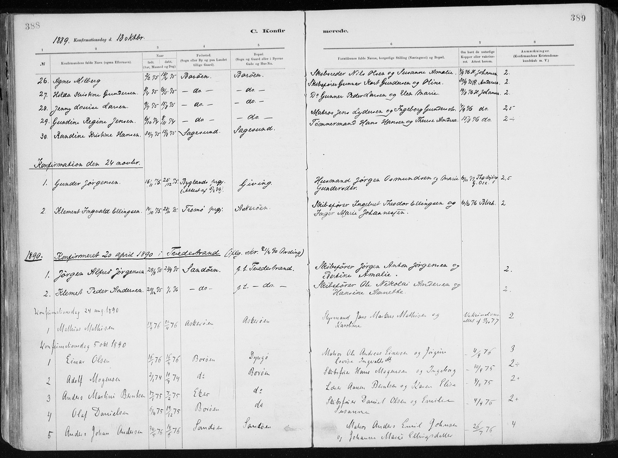 Dypvåg sokneprestkontor, SAK/1111-0007/F/Fa/Faa/L0008: Parish register (official) no. A 8, 1885-1906, p. 388-389