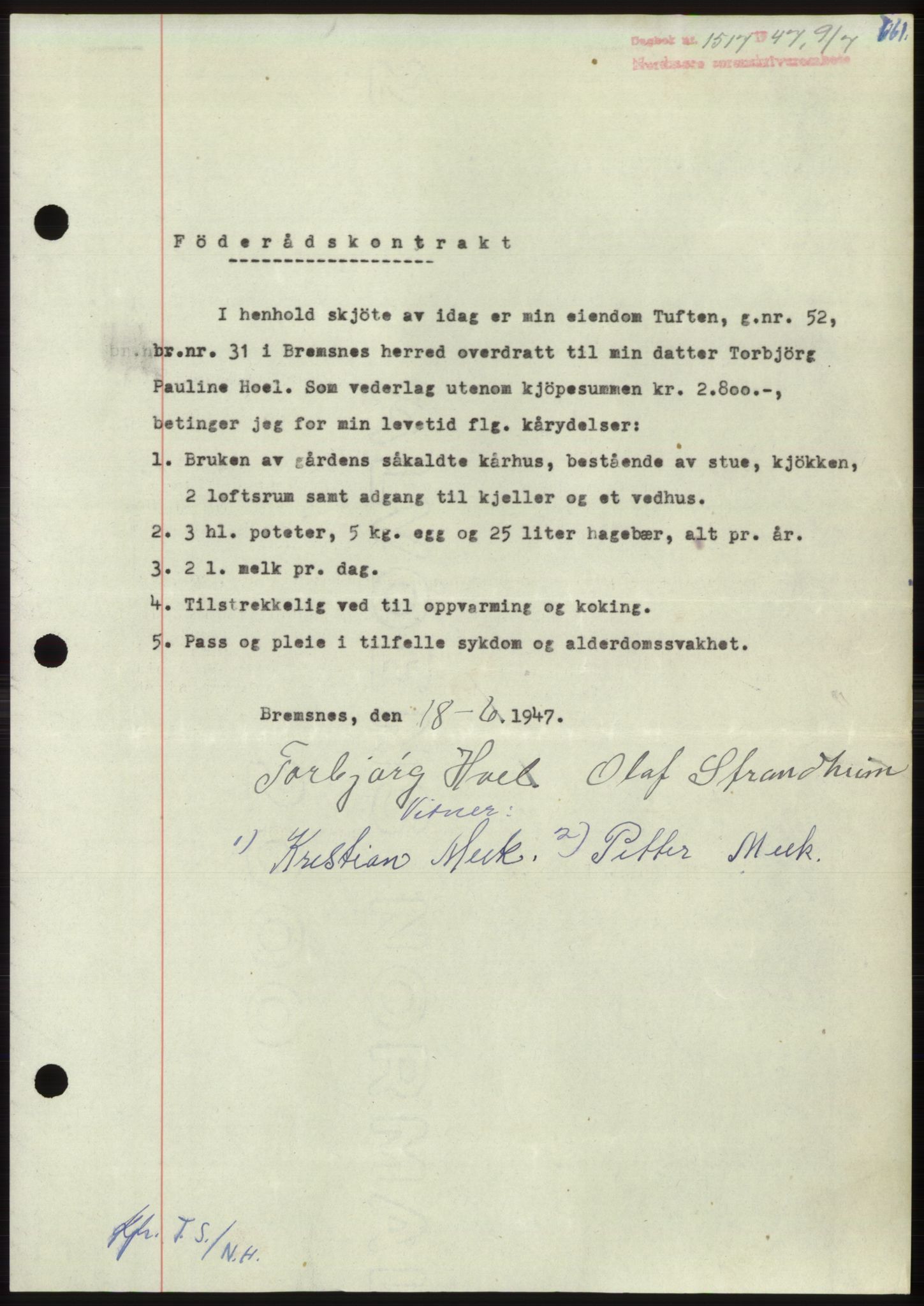 Nordmøre sorenskriveri, AV/SAT-A-4132/1/2/2Ca: Mortgage book no. B96, 1947-1947, Diary no: : 1517/1947