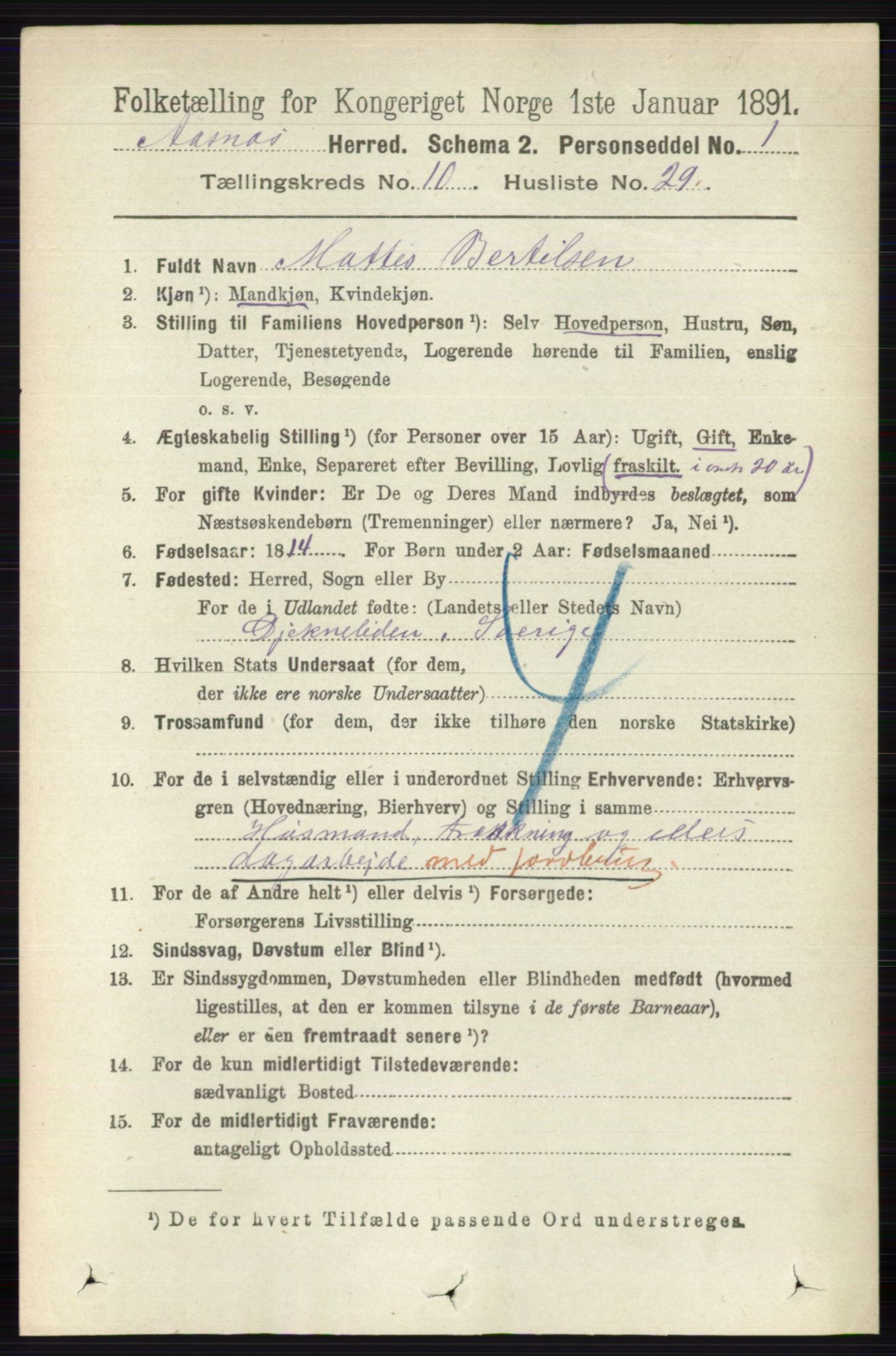 RA, 1891 census for 0425 Åsnes, 1891, p. 5212