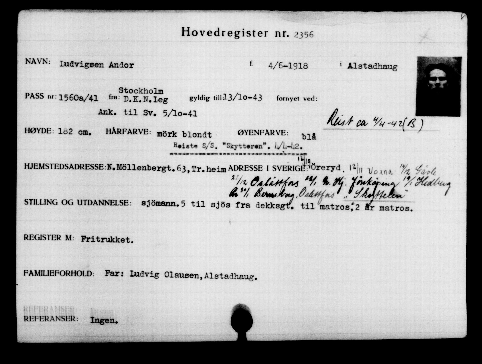 Utenriksstasjonene, Legasjonen i Stockholm, Flyktningkontoret, AV/RA-S-6753/V/Va/L0003: Kjesäterkartoteket, flyktninger med registreringsnr. 2001-3495, 1940-1945, p. 503