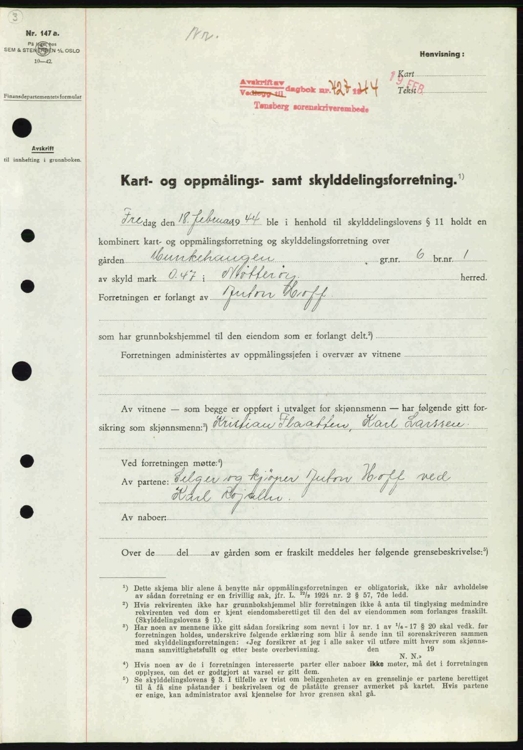 Tønsberg sorenskriveri, AV/SAKO-A-130/G/Ga/Gaa/L0014: Mortgage book no. A14, 1943-1944, Diary no: : 427/1944