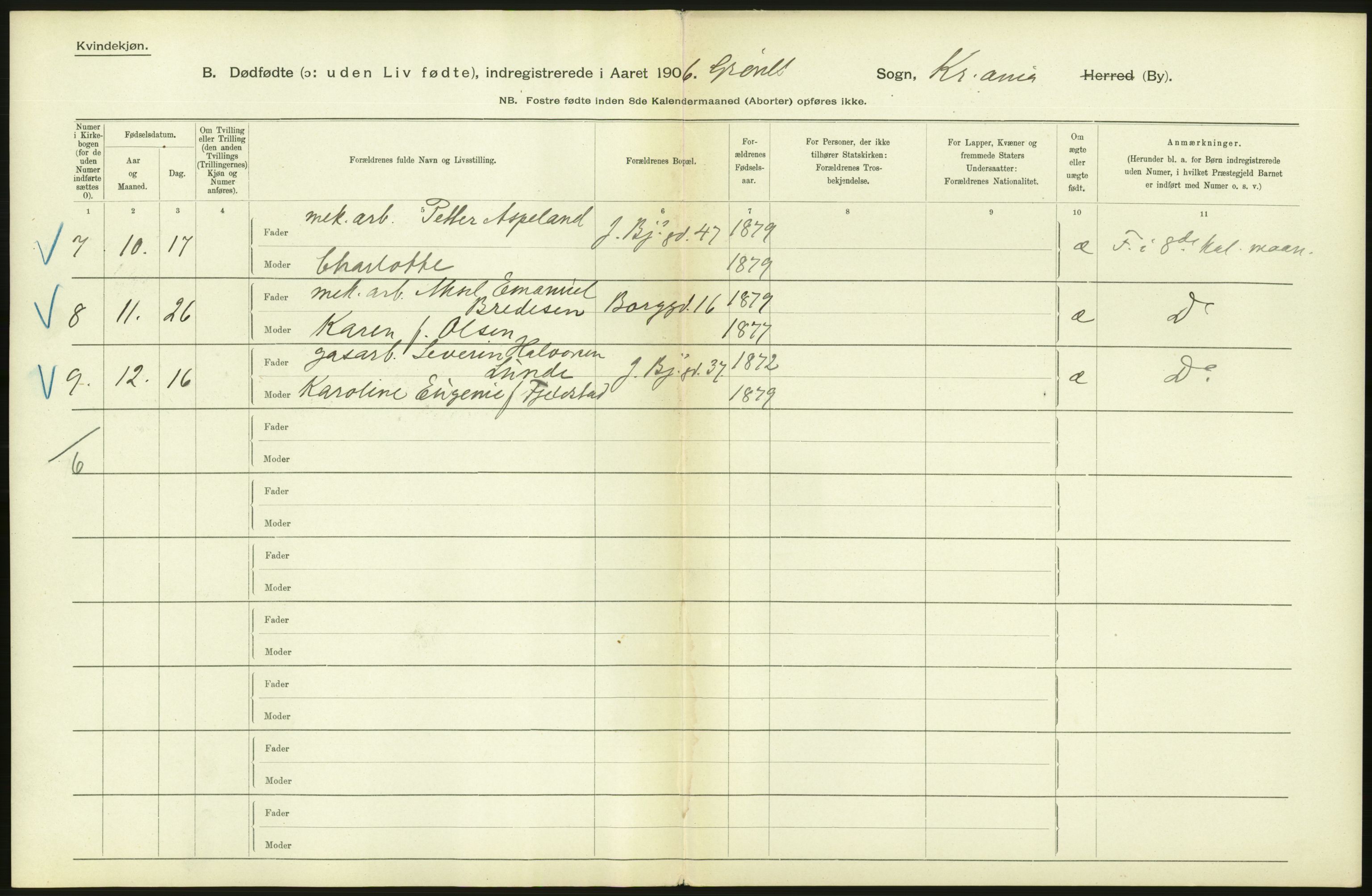 Statistisk sentralbyrå, Sosiodemografiske emner, Befolkning, RA/S-2228/D/Df/Dfa/Dfad/L0010: Kristiania: Døde, dødfødte, 1906, p. 36