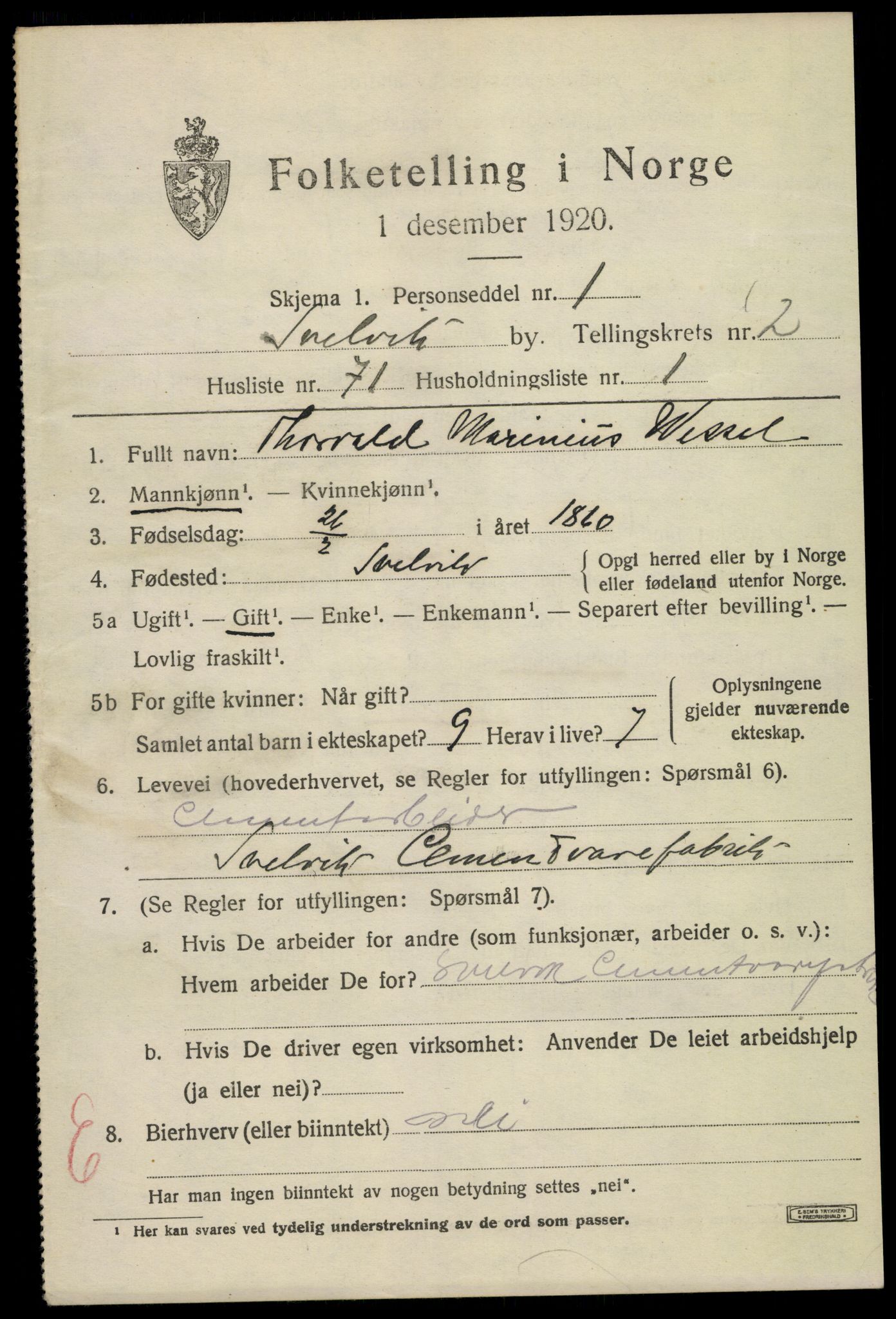 SAKO, 1920 census for Svelvik, 1920, p. 3129
