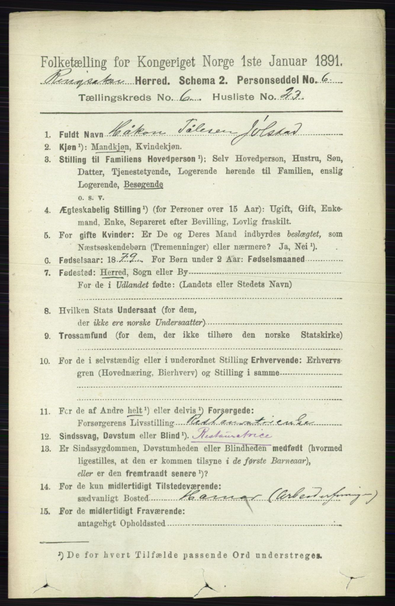 RA, 1891 census for 0412 Ringsaker, 1891, p. 3312