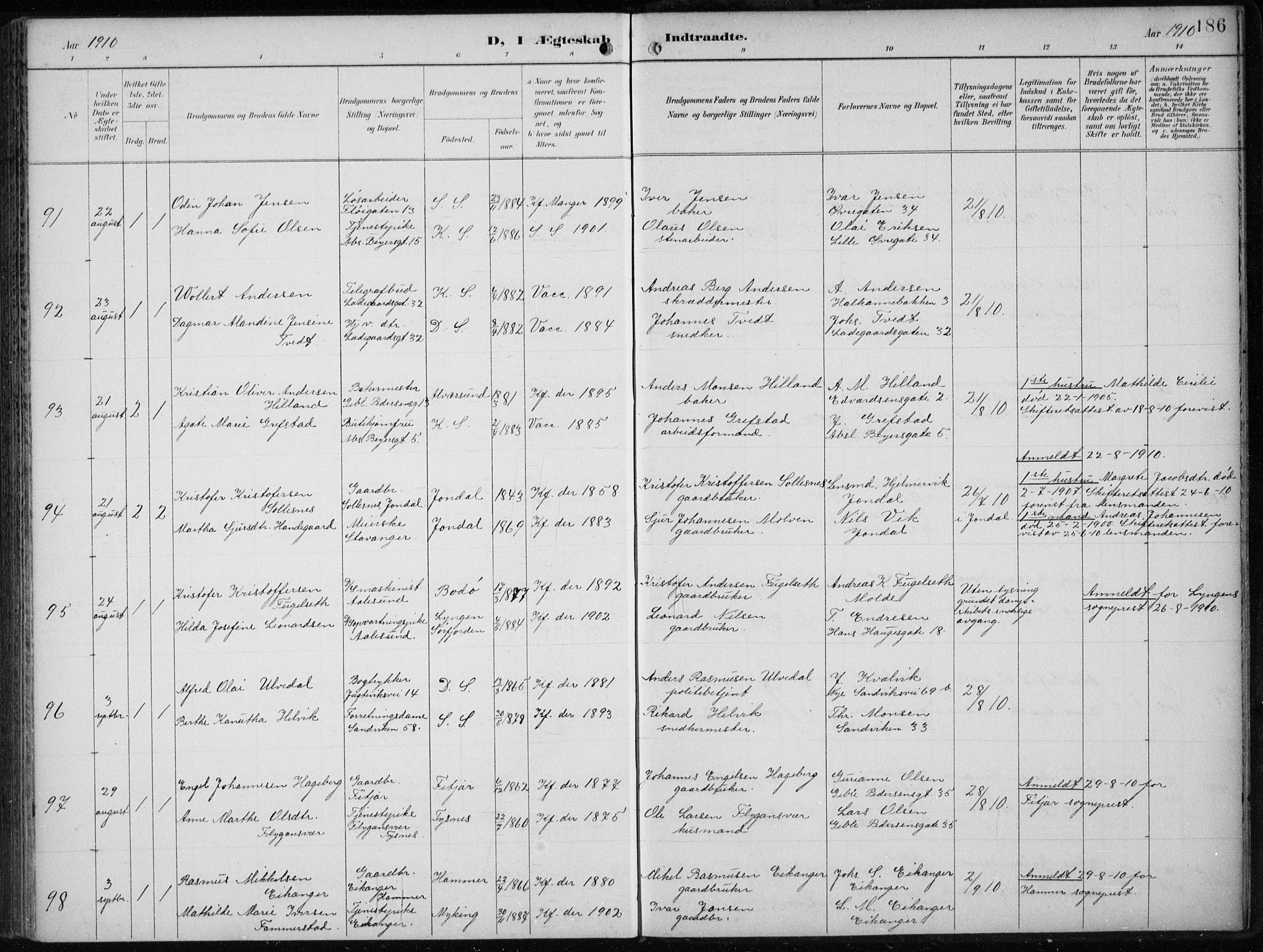 Sandviken Sokneprestembete, AV/SAB-A-77601/H/Ha/L0014: Parish register (official) no. D 1, 1896-1911, p. 186