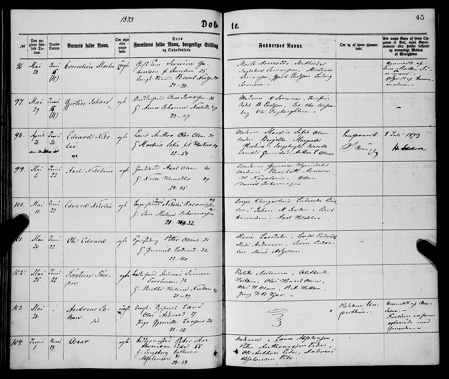 Korskirken sokneprestembete, AV/SAB-A-76101/H/Haa/L0020: Parish register (official) no. B 6, 1871-1878, p. 45