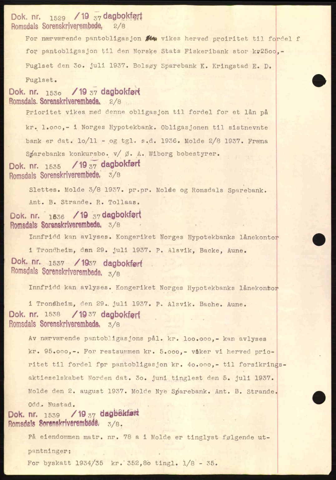 Romsdal sorenskriveri, AV/SAT-A-4149/1/2/2C: Mortgage book no. C1a, 1936-1945, Diary no: : 1529/1937