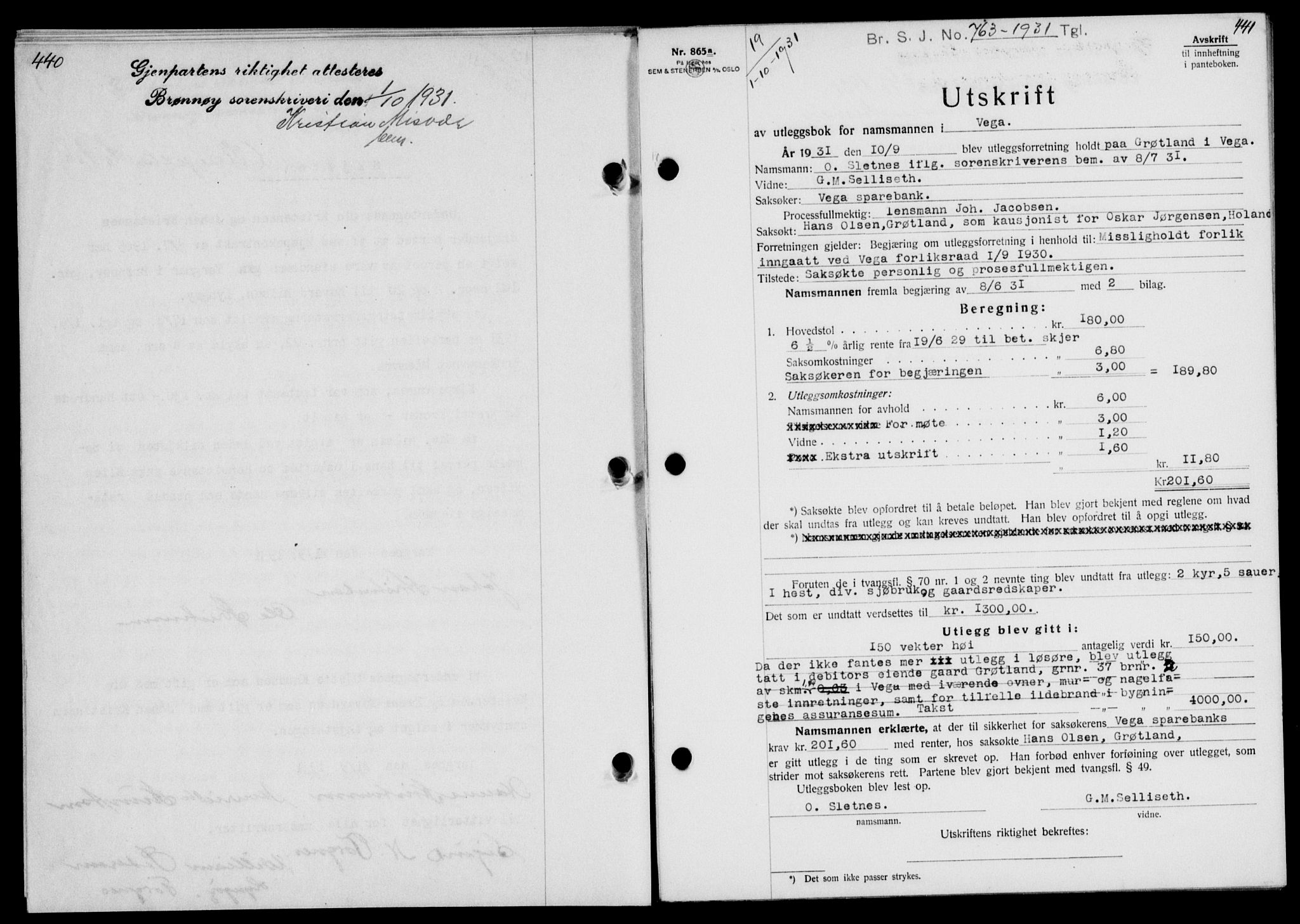 Brønnøy sorenskriveri, SAT/A-4170/1/2/2C/L0009: Mortgage book no. 9, 1931-1932, p. 440-441, Deed date: 01.10.1931